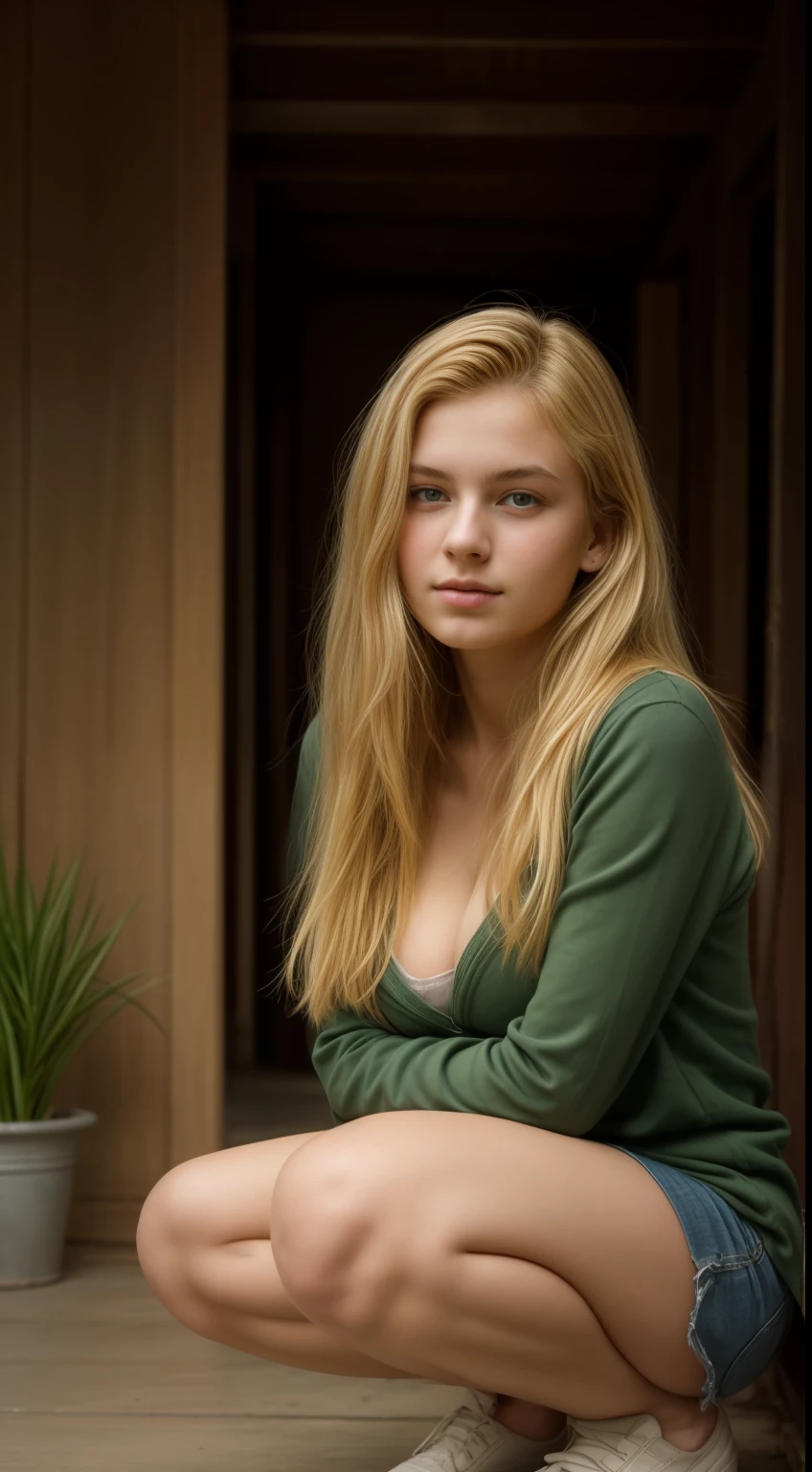 18 year old with straight golden blonde hair and a delicate face, very young face, dressed in green, squatting showing cleavage