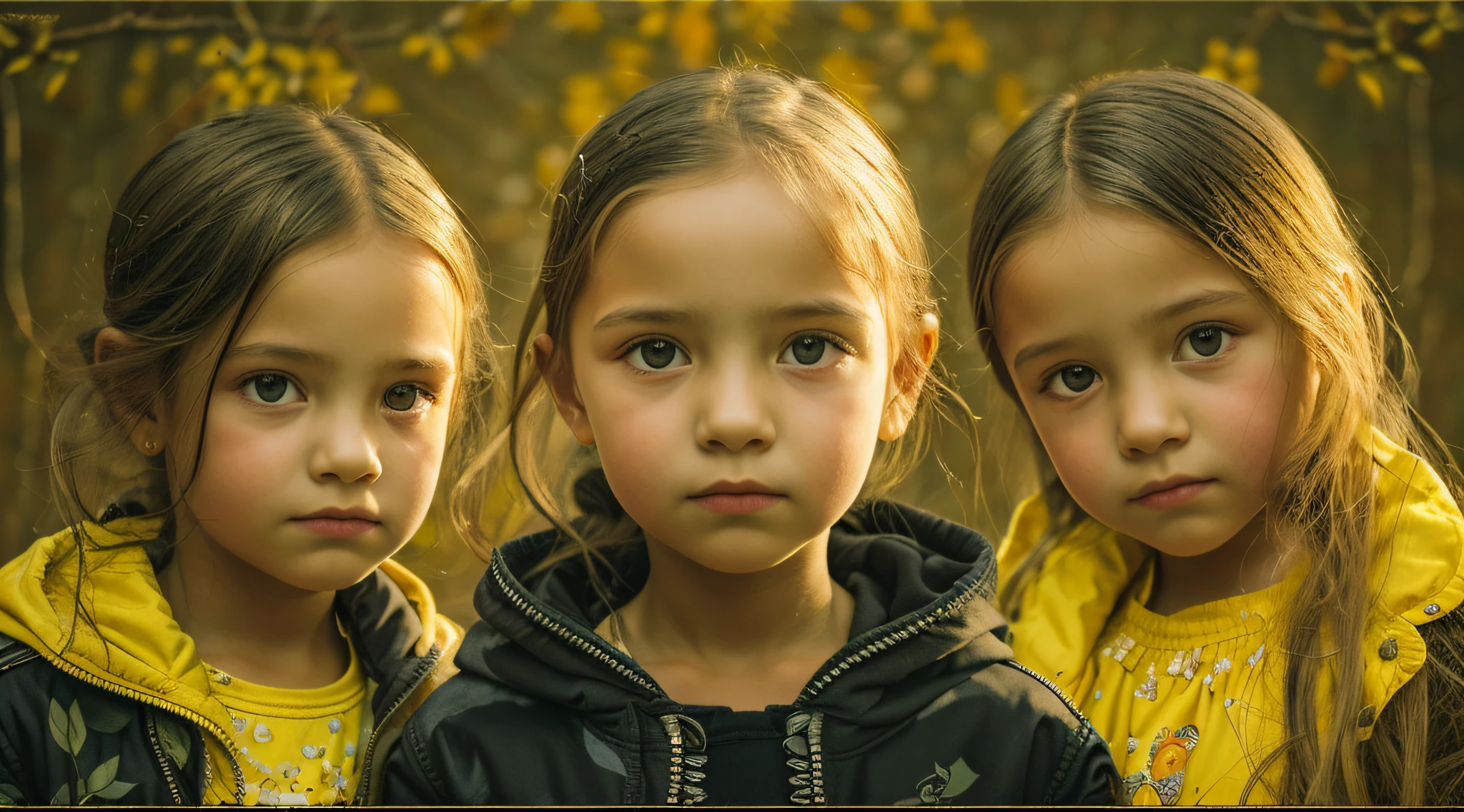 GIRLS Russian with 10 yearscabelos compridos, PORTRAIT, JAQUETA PRETA E ROUPA PRETA, FUNDO AMARELO.