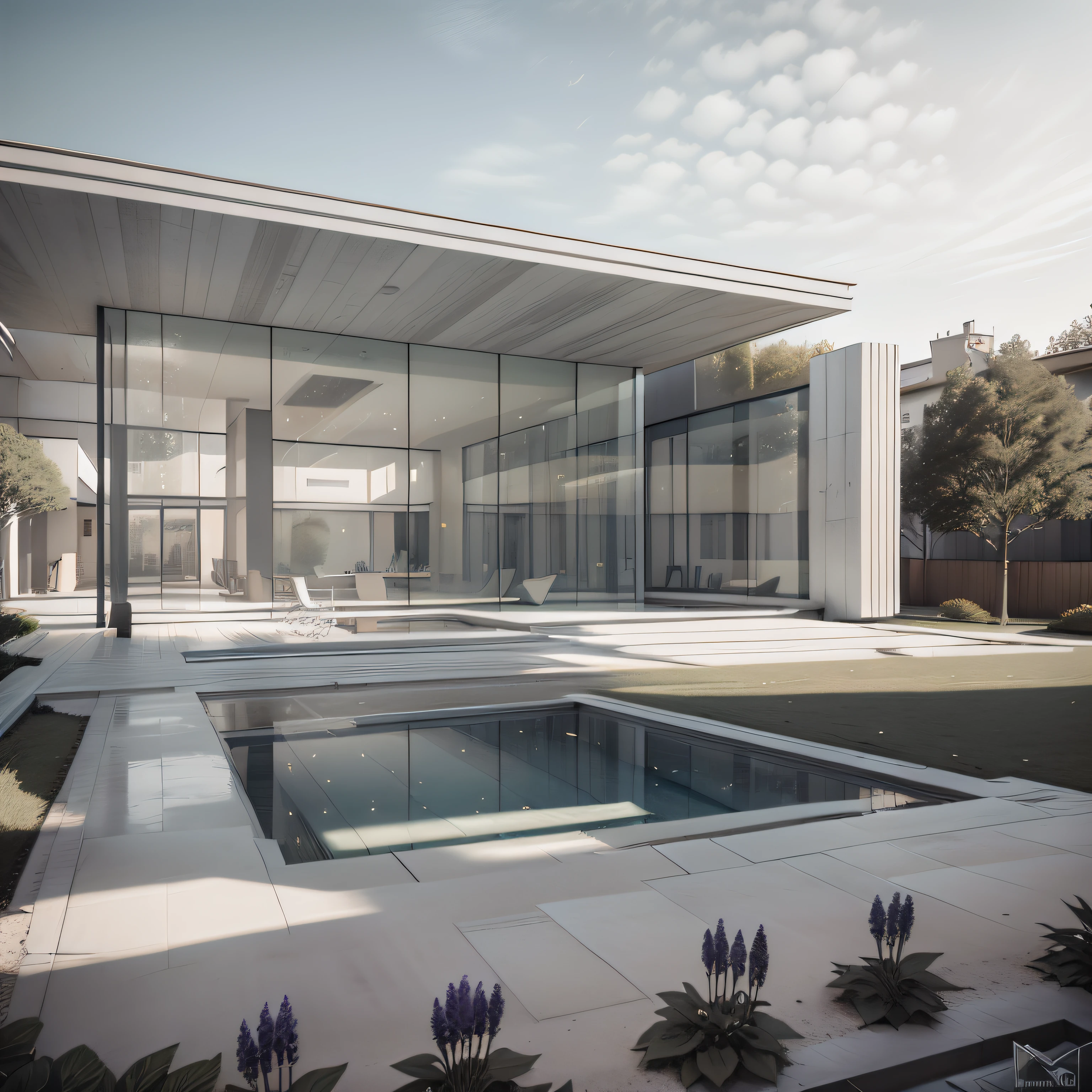 Organic modern architecture on a fairly large plot, from , there is a swimming pool in the middle of a large house of a flower, color of the house in chocolate brown and black beams, large modern residence, flat roofs and garden, render luxcore, render oktane, a photorealistic rendering, architectural rendering, mantra rendering, architectural rendering, realistic rendering, architectural visualization, wellness pool, Architectural visualization, large green zones, with small zones of lavender flowers, green shrubs type lush green garden, as well as small water mirrors, swimming pool embedded in an area of sand, olive and pine trees around the house, paddle court next to the house