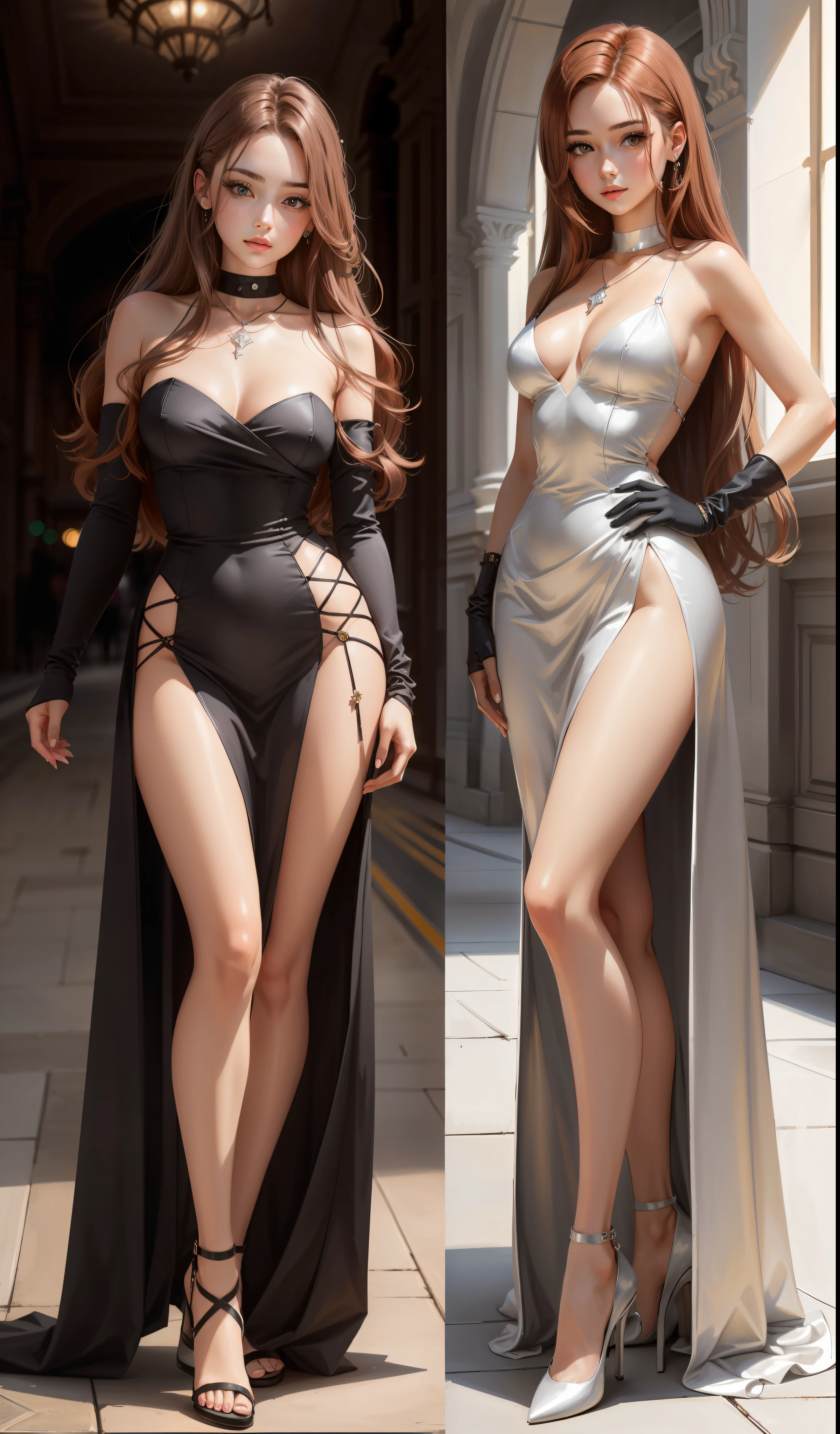 a woman in a long elegant silky gray dress with a slit for the left leg, elbow length gloves, diamond necklace, cute face, black heels, , adult face, long hair, ((dark auburn hair)), gleaming detailed grey eyes, medium breast size, slim figure