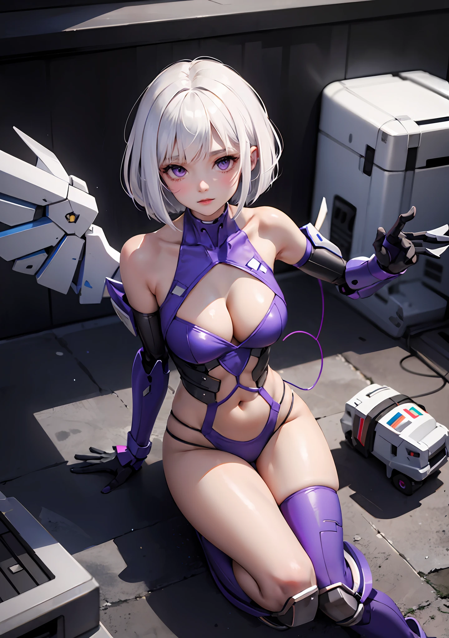1girl, white hair, purple eyes, bob cut, wavy hair, average breasts, blush, glow, thighs, bare shoulders, collarbone, narrow waist, cleavage, (masterpiece), full body, carbon fibre bodysuit, metal body armour, metal wings, sitting, wires, futiristic, armored, sitting, expressionless face, (wires), straight leg, mecha, milk breasts, mecha musume,