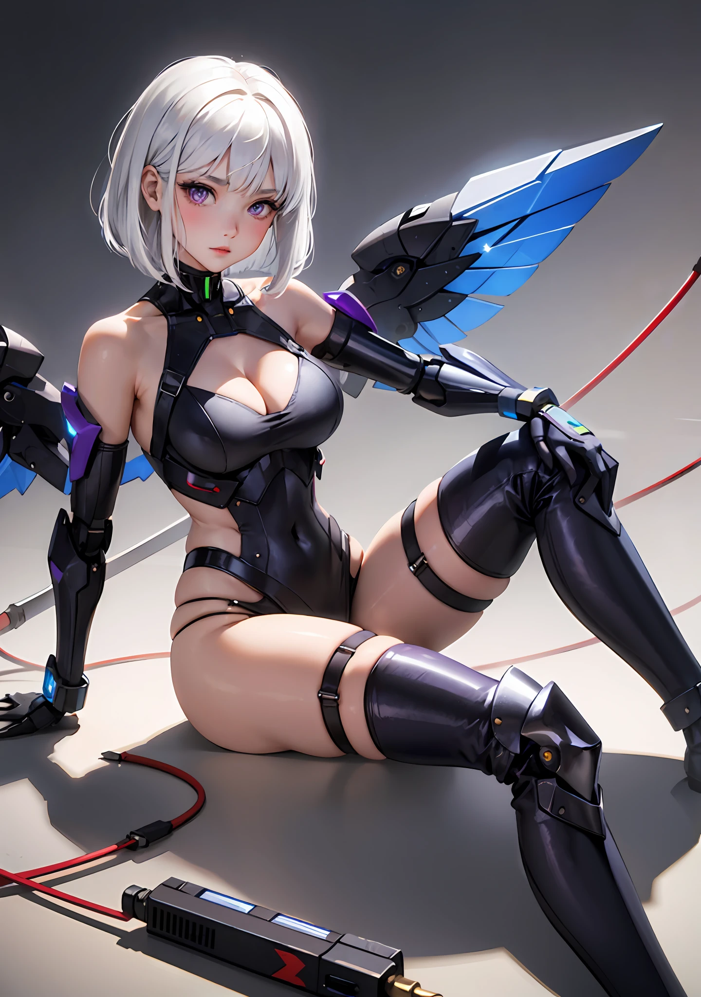 1girl, white hair, purple eyes, bob cut, wavy hair, average breasts, blush, glow, thighs, bare shoulders, collarbone, narrow waist, cleavage, (masterpiece), full body, carbon fibre bodysuit, metal body armour, metal wings, sitting, wires, futiristic, armored, sitting, expressionless face, (wires), straight leg, mecha, milk breasts, mecha musume,