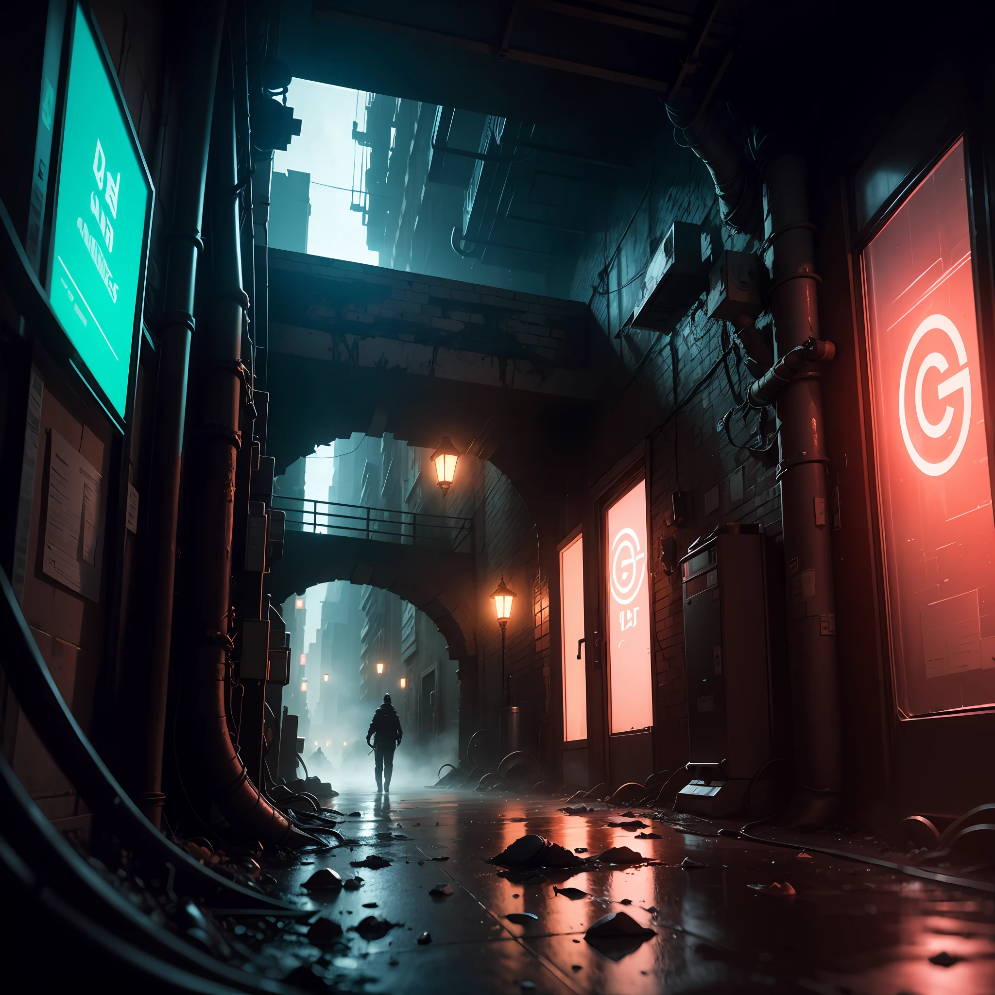 extremely detailed CG unity 8k wallpaper, masterpiece, best quality, long shot, cyberpunk, sewer, ghostly setting, mist, volumetric light, neon lights, animatronic figures, ruined structures, grunge textures, sewer
