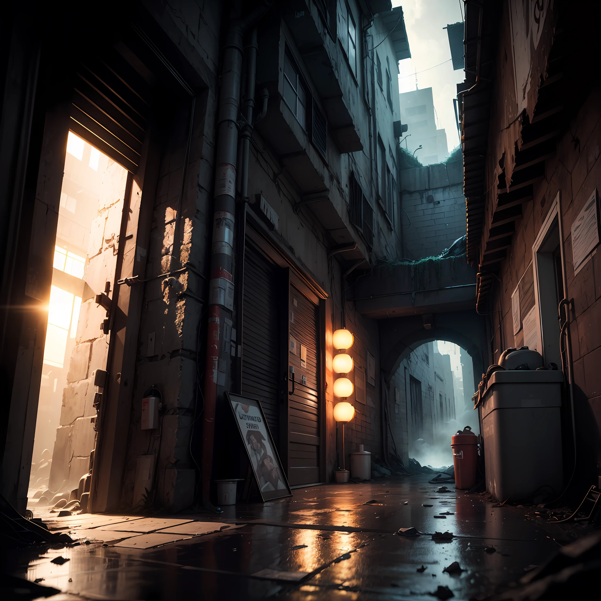 extremely detailed CG unity 8k wallpaper, masterpiece, best quality, long shot, cyberpunk, sewer, ghostly setting, mist, volumetric light, neon lights, animatronic figures, ruined structures, grunge textures, sewer