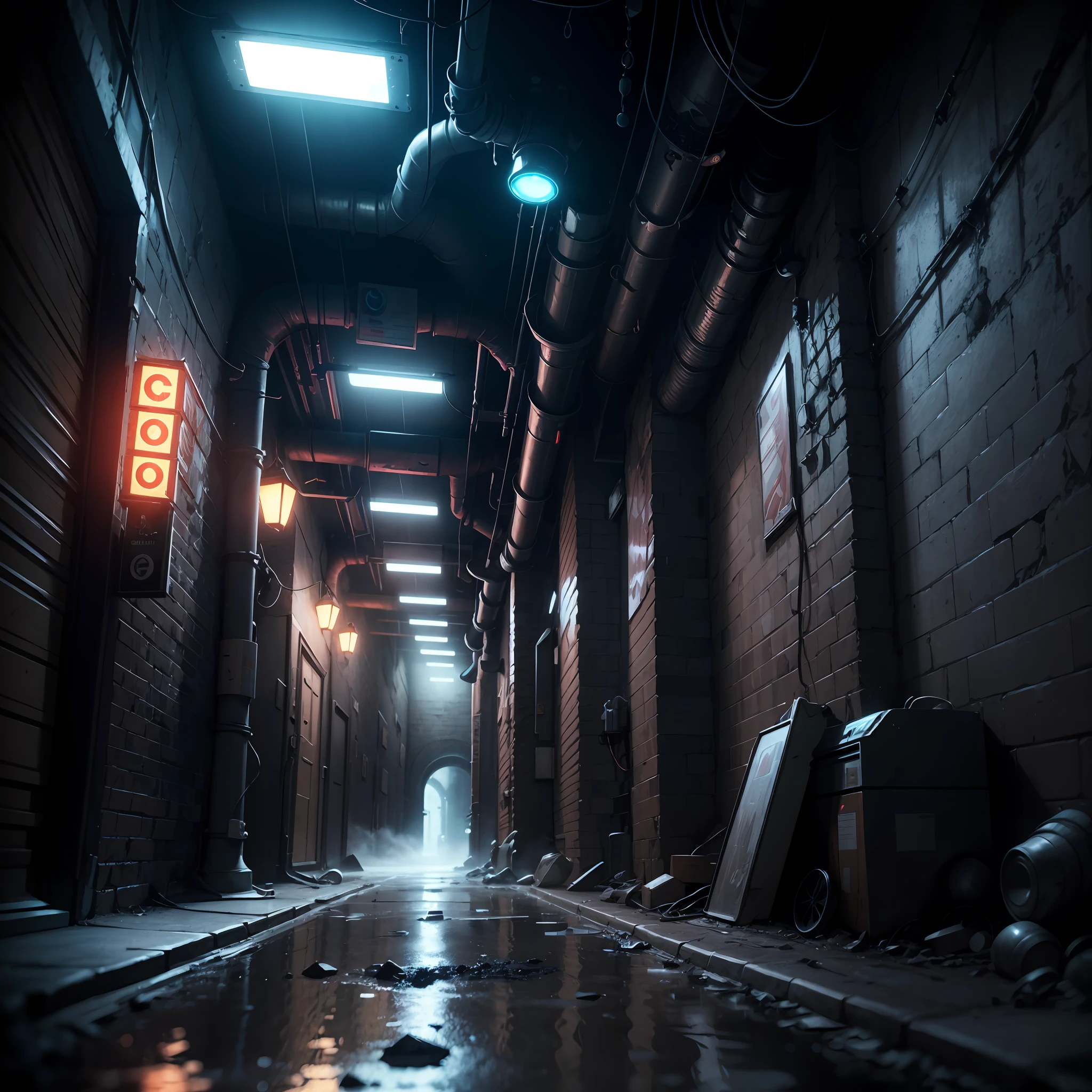extremely detailed CG unity 8k wallpaper, masterpiece, best quality, long shot, cyberpunk, sewer, ghostly setting, mist, volumetric light, neon lights, animatronic figures, ruined structures, grunge textures, sewer