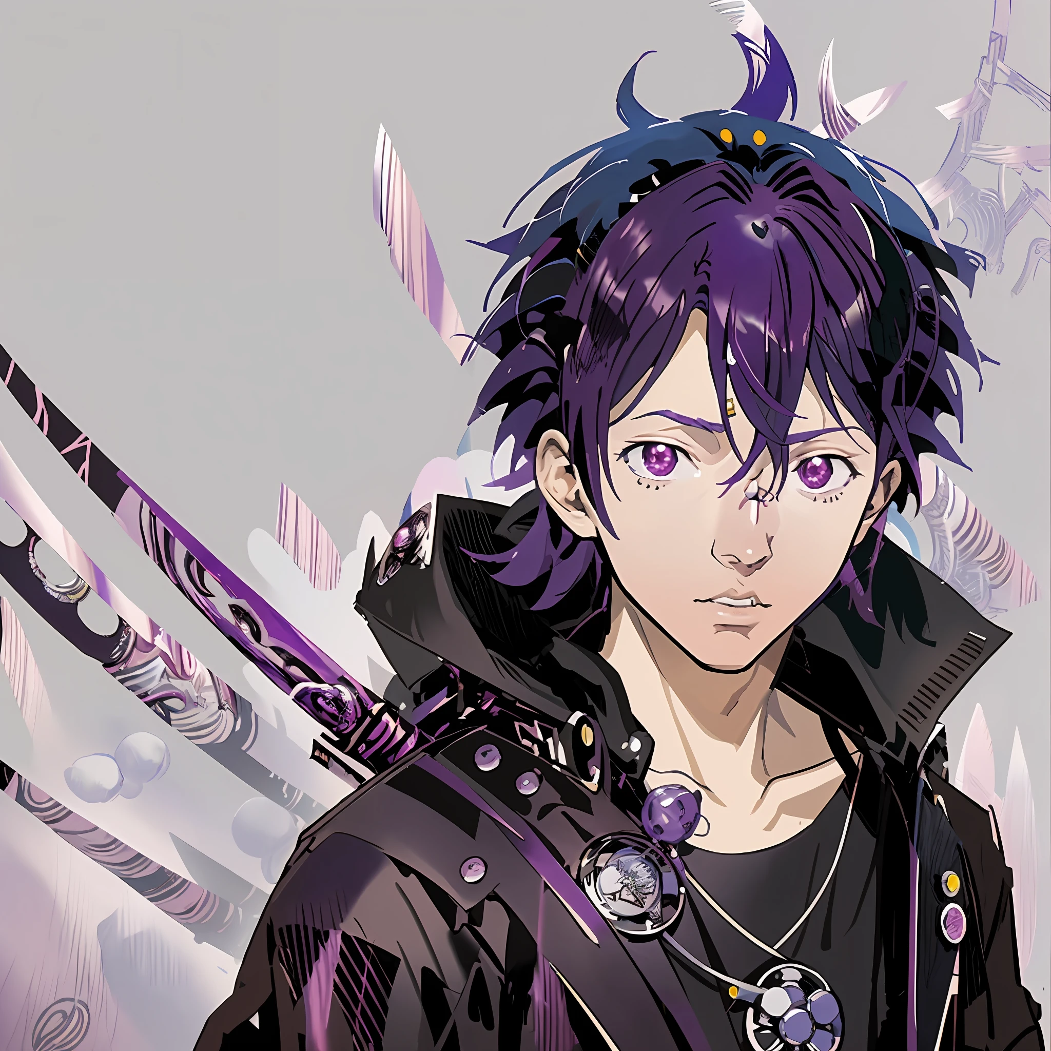Purple hair black jacket anime characters,jujutsu kaisen,kentaro miura manga art style,futuristic tetsuo,Yumihiko Amano,Urasai Nagahide,Yukihiko Yasuda,Junsaku Koizumi,Scope:Murata,amano yoshitaka。