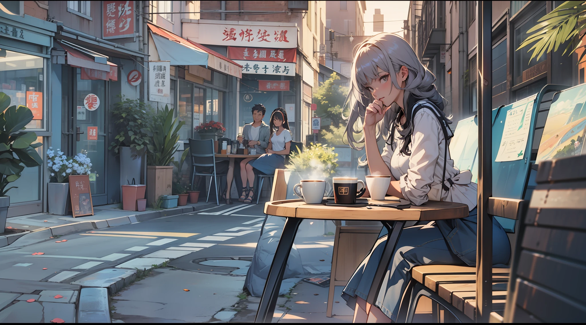 ((best qualtiy)), ((tmasterpiece)), (A detailed:1.4),((full bodyesbian)),Enhanced dynamic perspective,(beautiful sexy girl,夏天,Denim long skirt,Sitting in a street coffee shop,drinking a coffee),kawa,(Lunette de soleil),Come to me,Future sci-fi city street,Egg-shaped building,((Lateral face)),Street photography,Bright colors,nighttime scene,high qulity,super-fine,Detailed pubic hair,Accurate,Cinematic lighting,
