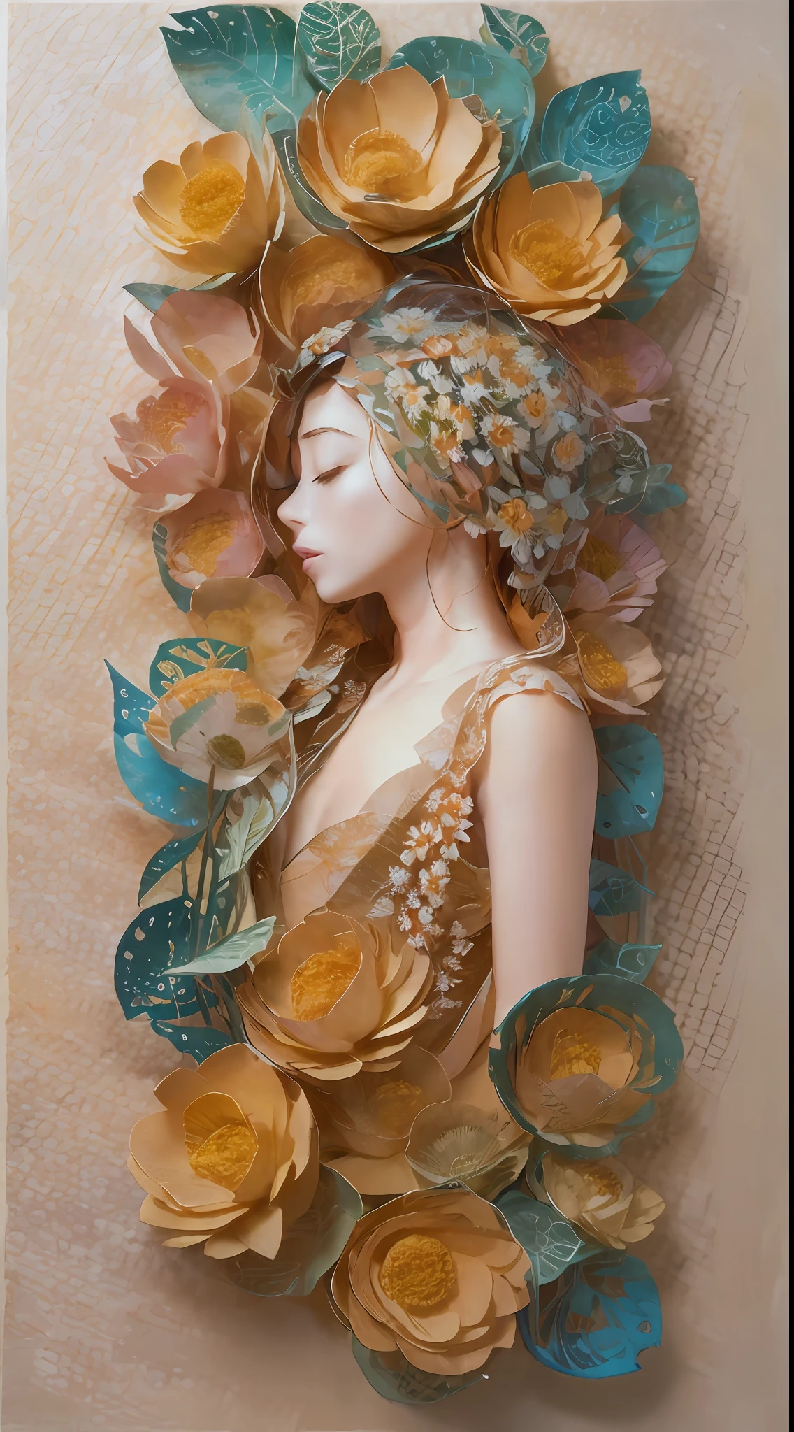 illustration: 1.3), paper art, 3D rendering of, Colorful background, (Beautiful side face, closing her eyes: 1.3), (Rose: 1.2) (chrysanthemums: 1.2), Colorful, Best quality, Detailed details, Masterpiece, offcial art, movie light effect, 4K, Chiaroscuro , Flash