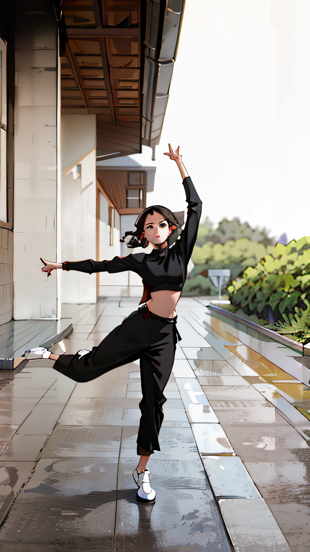 arafed woman in black top and black pants doing a trick, alina ivanchenko, anna nikonova, in the style of sifu 🔥 😎 🕹️ 👀 :2, dasha taran, playful pose of a dancer