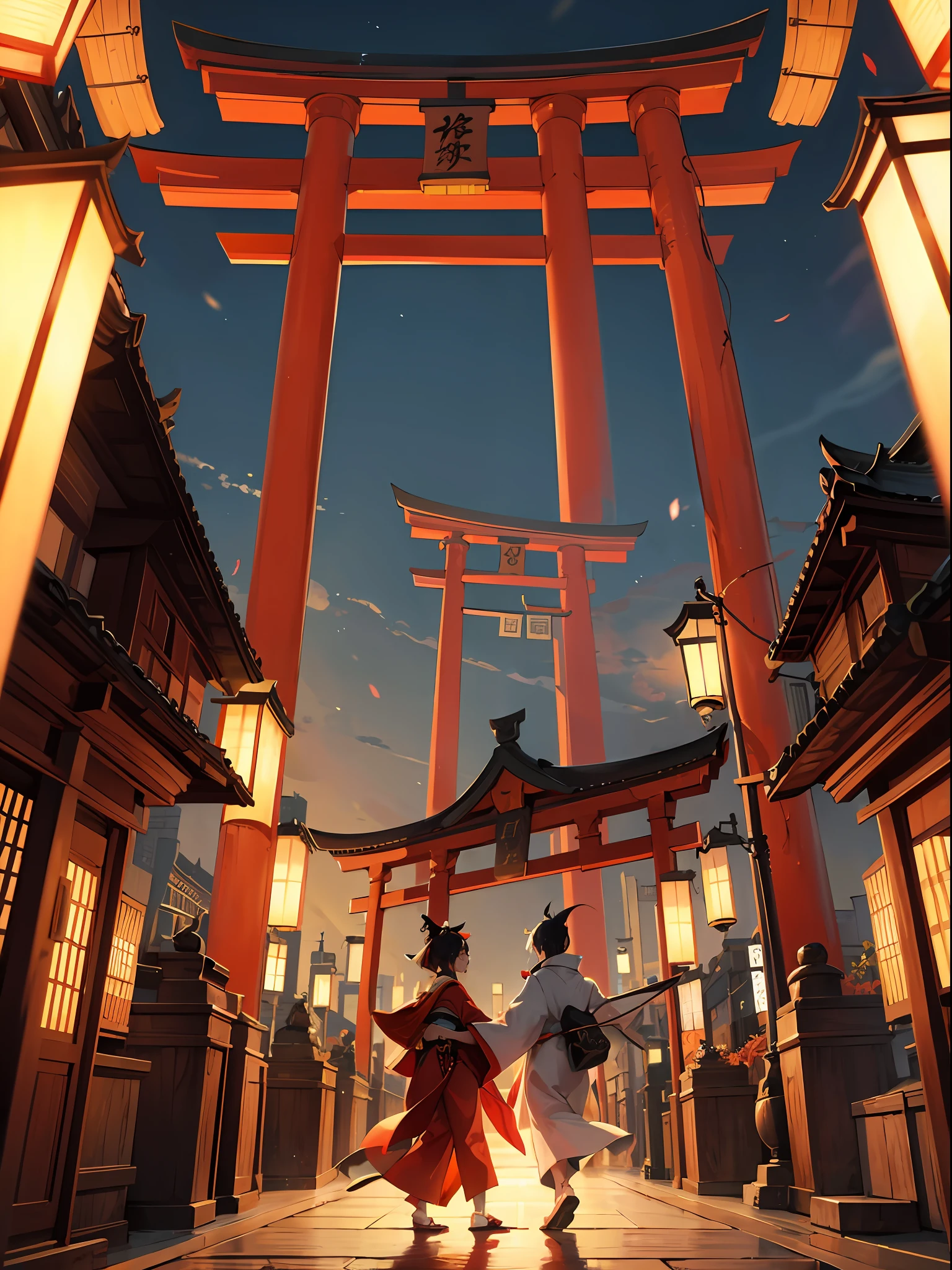 The gods gazed at the world, Japanese-style Onmyoji, quadratic element, Monsters are rampant, Heian-kyo, Torii, Shrines, poster for, Japanese, Onmyoji runs through the streets, Japanese-style, Zangetsu, 锁链, Cages, filmgrain, Chiaroscuro, Motion blur, Textured skin --auto