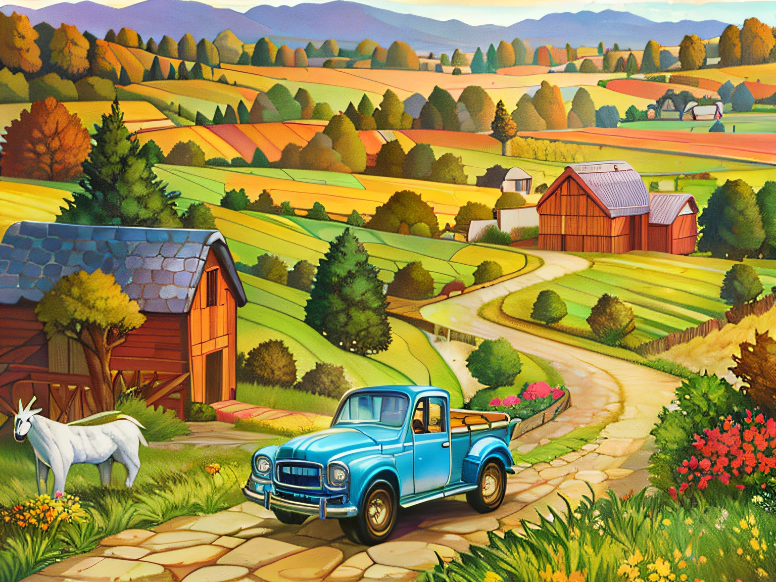 high quality comic of country road winding through fields and pastures and hills by artist john sloane