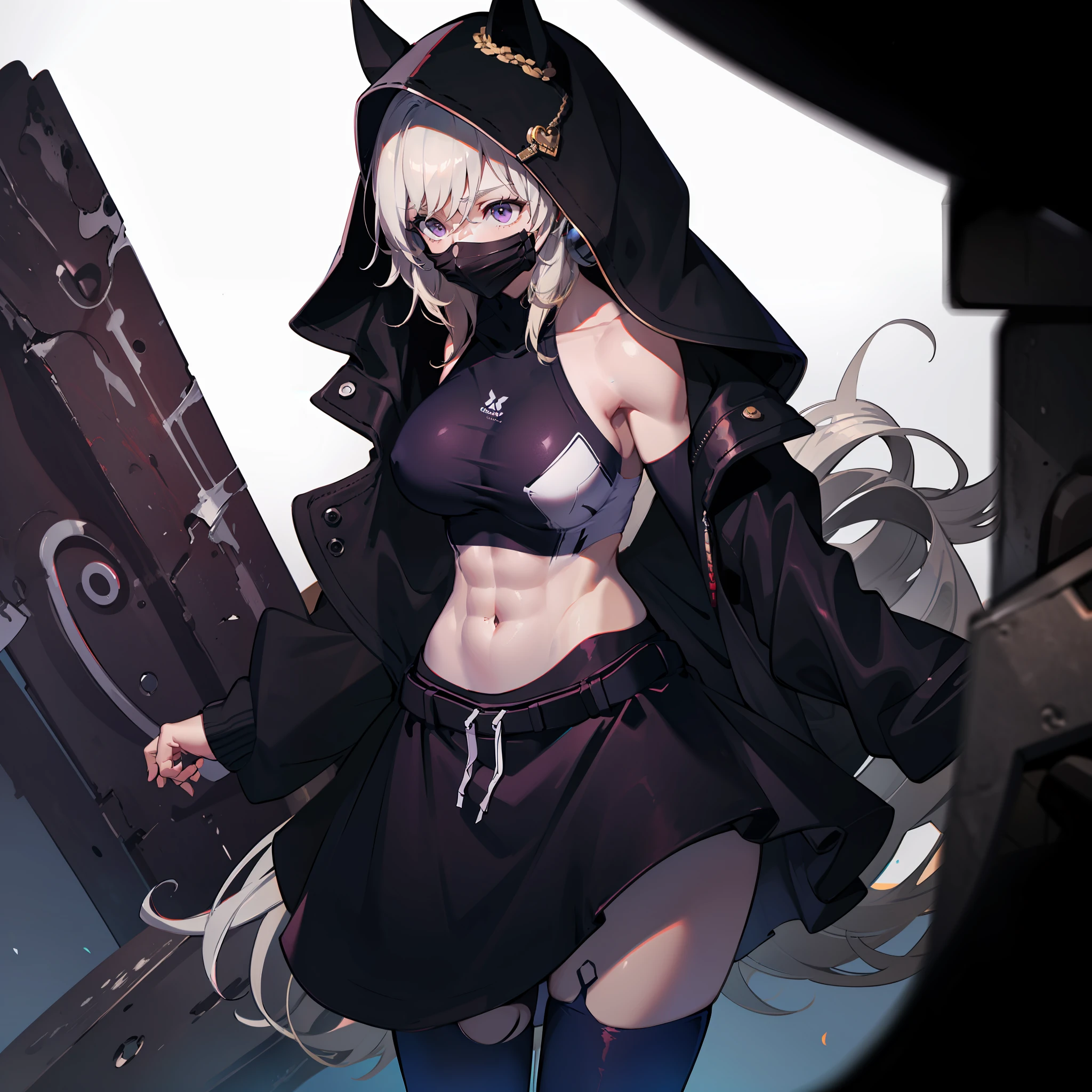 body builder, hoodie oversized, big assa, 1girl, strong shoulders, , tmasterpiece, Best quality at best, full bodyesbian, posed for photo, beautifully color-coded, Tight hip leggings on white background, studio, looks away, Covered with a hood,Black mask, earphone