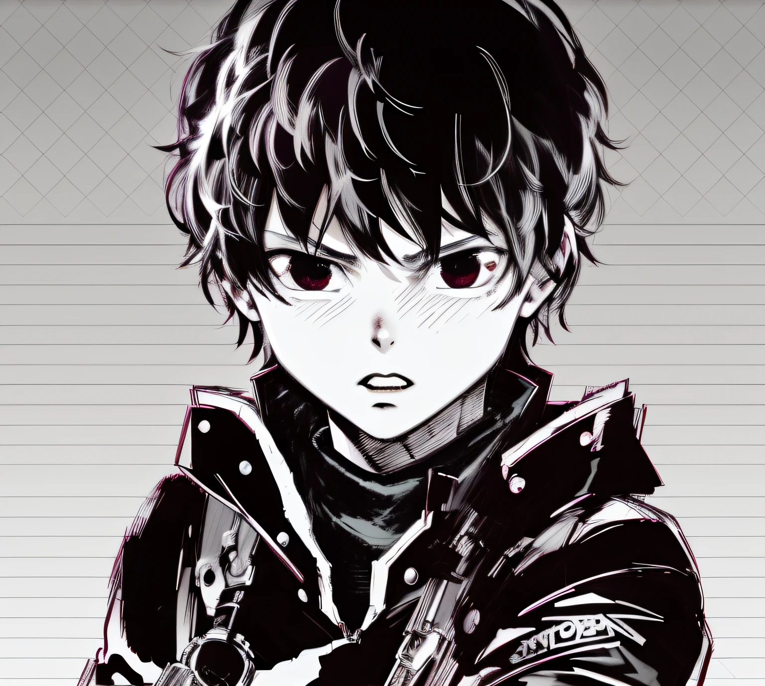 Anime boy with black hair and leather jacket with gun, in berserk manga, nobutaka ike, genos, seinen manga portrait, kentaro miura manga art style, black and white manga style, berserk manga, comic strip》, Manhwa Style, manga style of kentaro miura, berserk art style, Black and white comics