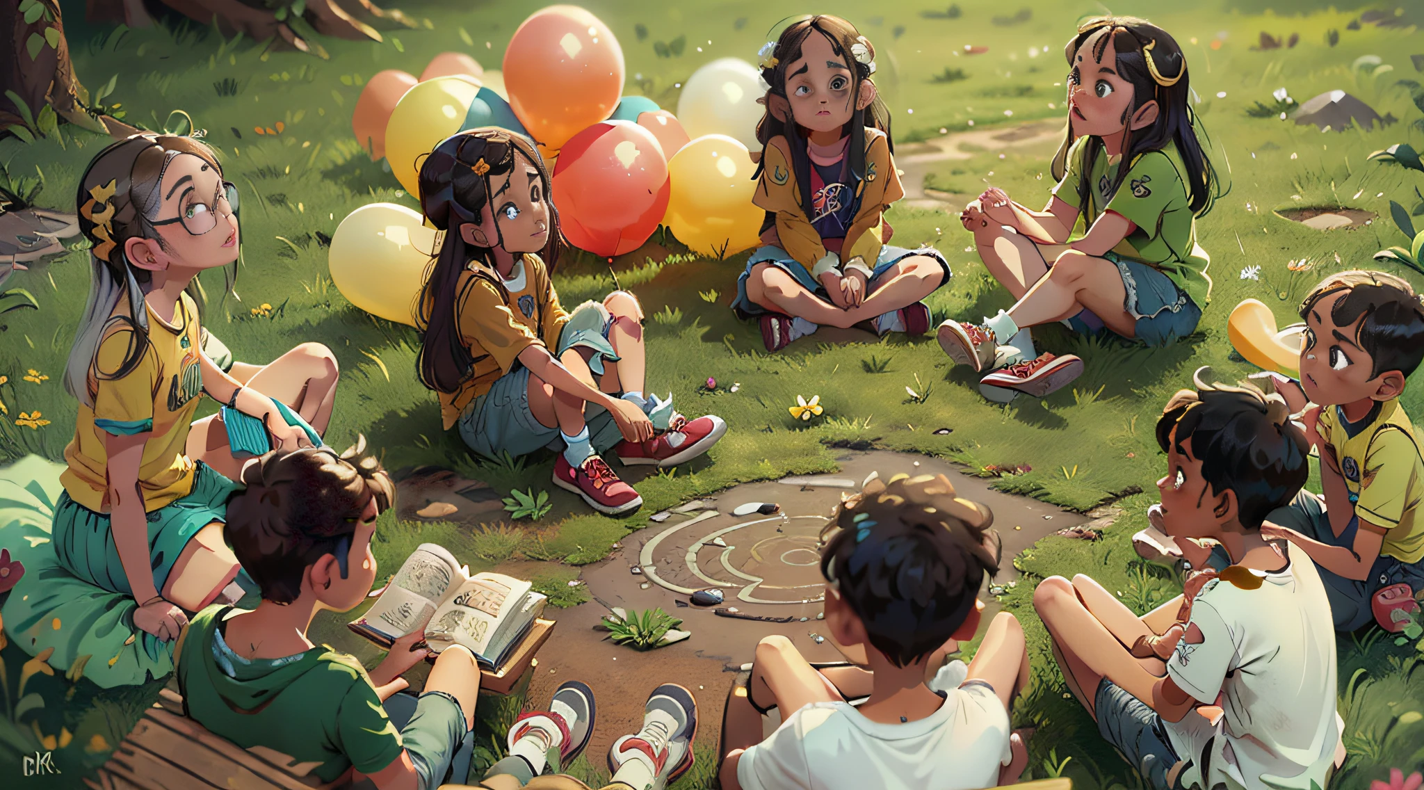Several children sitting in a circle shape listening to a teacher who is in the middle of the circle, colorful balloons floating in the sky, prado, flor, qualidade perfeita, Foco claro (mess-house: 0.8), (obra-prima: 1.2) (realista: 1.2) (Bokeh) (melhor qualidade) (pele detalhada: 1.3) (detalhes intrincados) (8k) (olhos de detalhe) (foco nítido)
