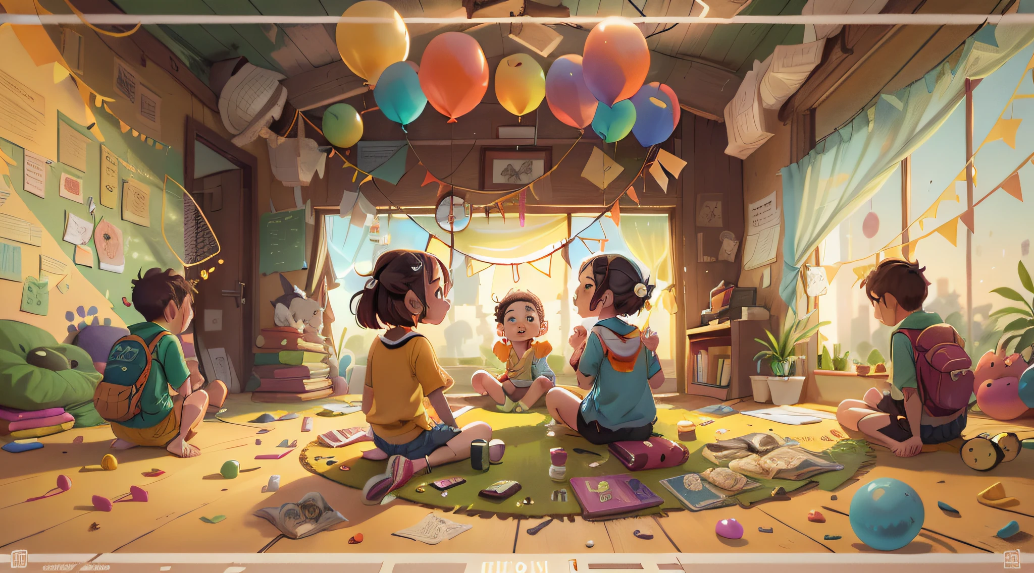Several children sitting in a circle shape listening to a teacher who is in the middle of the circle, colorful balloons floating in the sky, prado, flor, qualidade perfeita, Foco claro (mess-house: 0.8), (obra-prima: 1.2) (realista: 1.2) (Bokeh) (melhor qualidade) (pele detalhada: 1.3) (detalhes intrincados) (8k) (olhos de detalhe) (foco nítido)