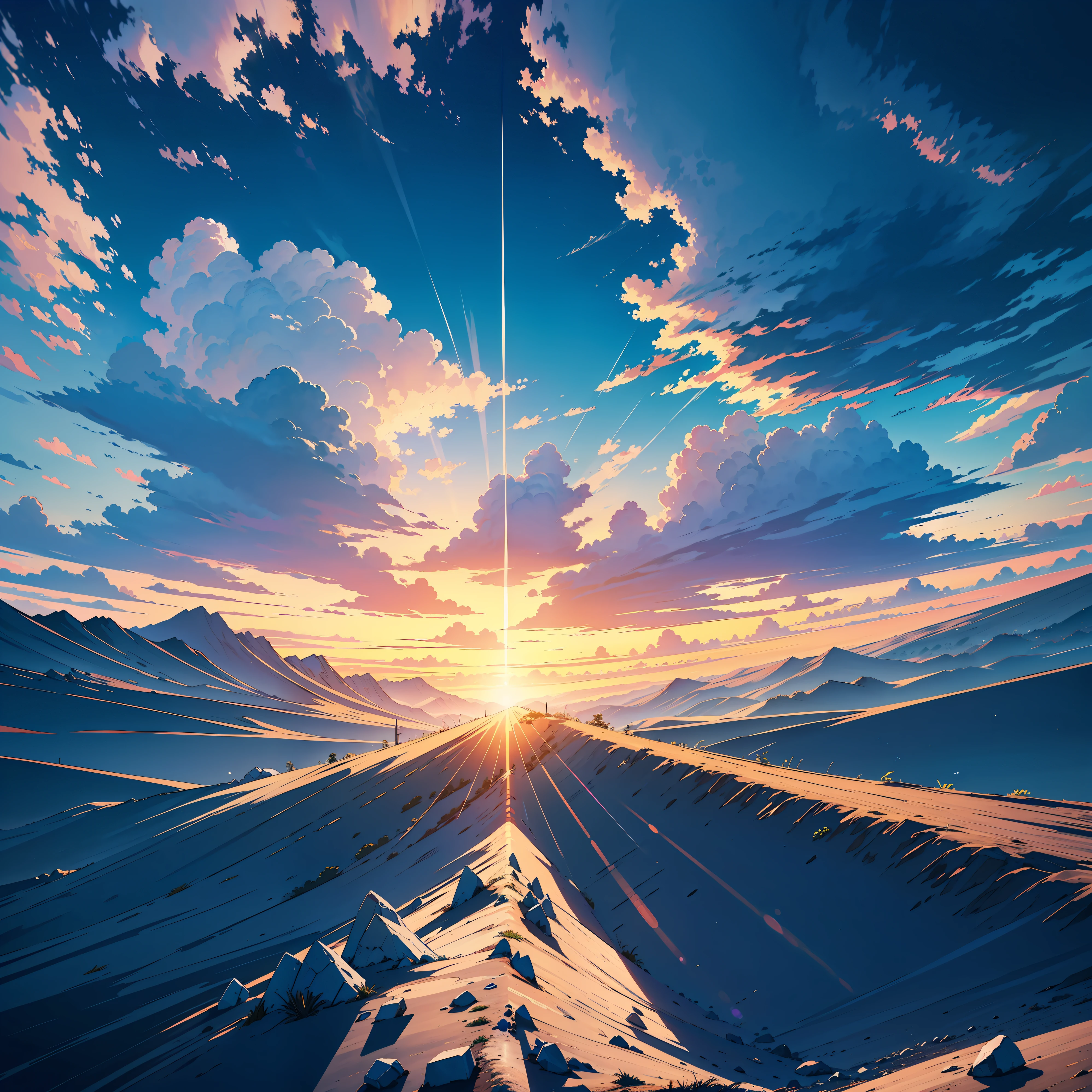 landscape A sky with clouds with the feeling of movement , a view with several kilometers of this sky, um sol poente e esbelto,  monolith mountain ranges,cores verdadeiramente penetrantes, (detalhes em alta qualidade:1.9), background with landscape description, 4k, high render, estilo de desenho anime you name, fotografia perfeita, horizontal view perspective of what it looks like to see the Sun from the top of the monoliths