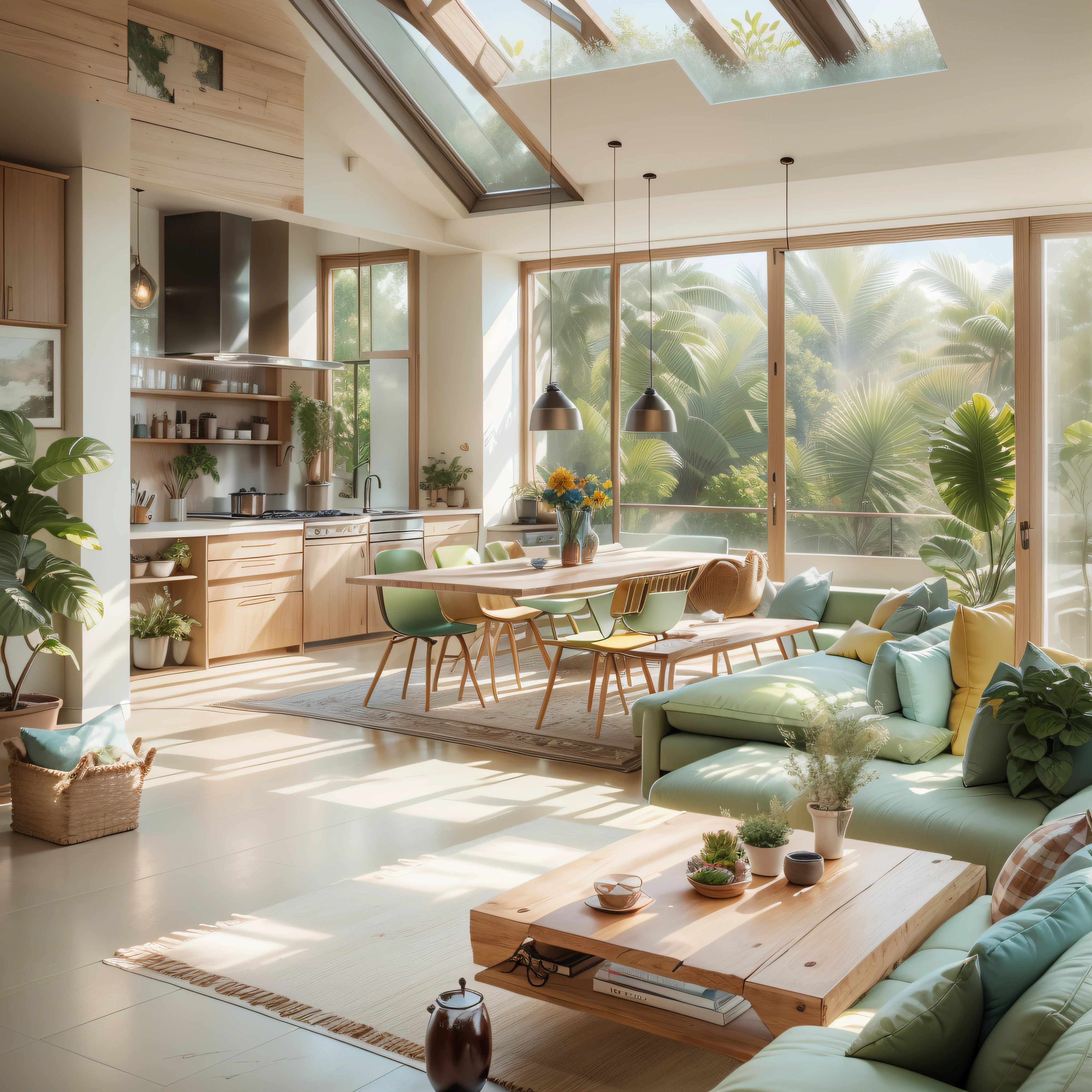Interior Design, a perspective of of a living room and a kitchen with an island, large windows with natural light, Light colors, vegetation, modern furniture, skylight, modern minimalistic design, hyper realistic, masterpiece, highly detailed, digital painting, best quality, highres, detailed work, post-processing
