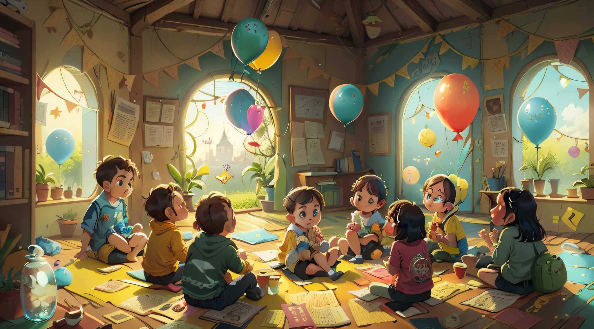 Several children sitting in a circle shape listening to a teacher who is in the middle of the circle, colorful balloons floating in the sky, prado, flor, qualidade perfeita, Foco claro (mess-house: 0.8), (obra-prima: 1.2) (realista: 1.2) (Bokeh) (melhor qualidade) (pele detalhada: 1.3) (detalhes intrincados) (8k) (olhos de detalhe) (foco nítido)