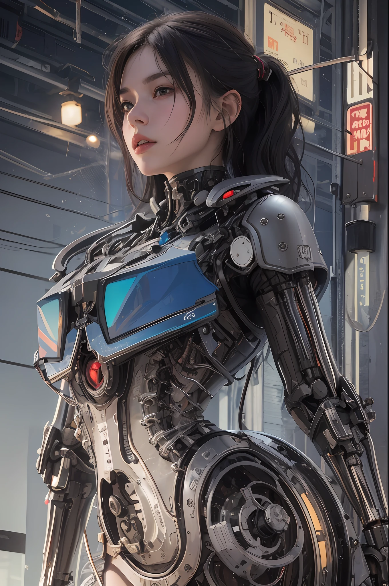 Top Quality, Masterpiece, Ultra High Resolution, (Photorealistic: 1.4), Raw Photo, 1 cyberpunk Girl, Black Hair, Glossy Skin, 1 Mechanical Girl, (Ultra Realistic Detail)), Full body, Global Illumination, Contrast, Shadows, Octane Rendering, 8K, Ultra Sharp, Cleavage Exposed, Raw Skin, Metal, Intricate Ornament Details, Japan Details, Very intricate details, realistic light, CGSoation trend, facing the camera, neon details, mechanical limbs, blood vessels connected to the tube, mechanical vertebrae attached to the back, mechanical cervical attachment to the neck, wires and cables connecting to the head, gundam, small LED lamps.