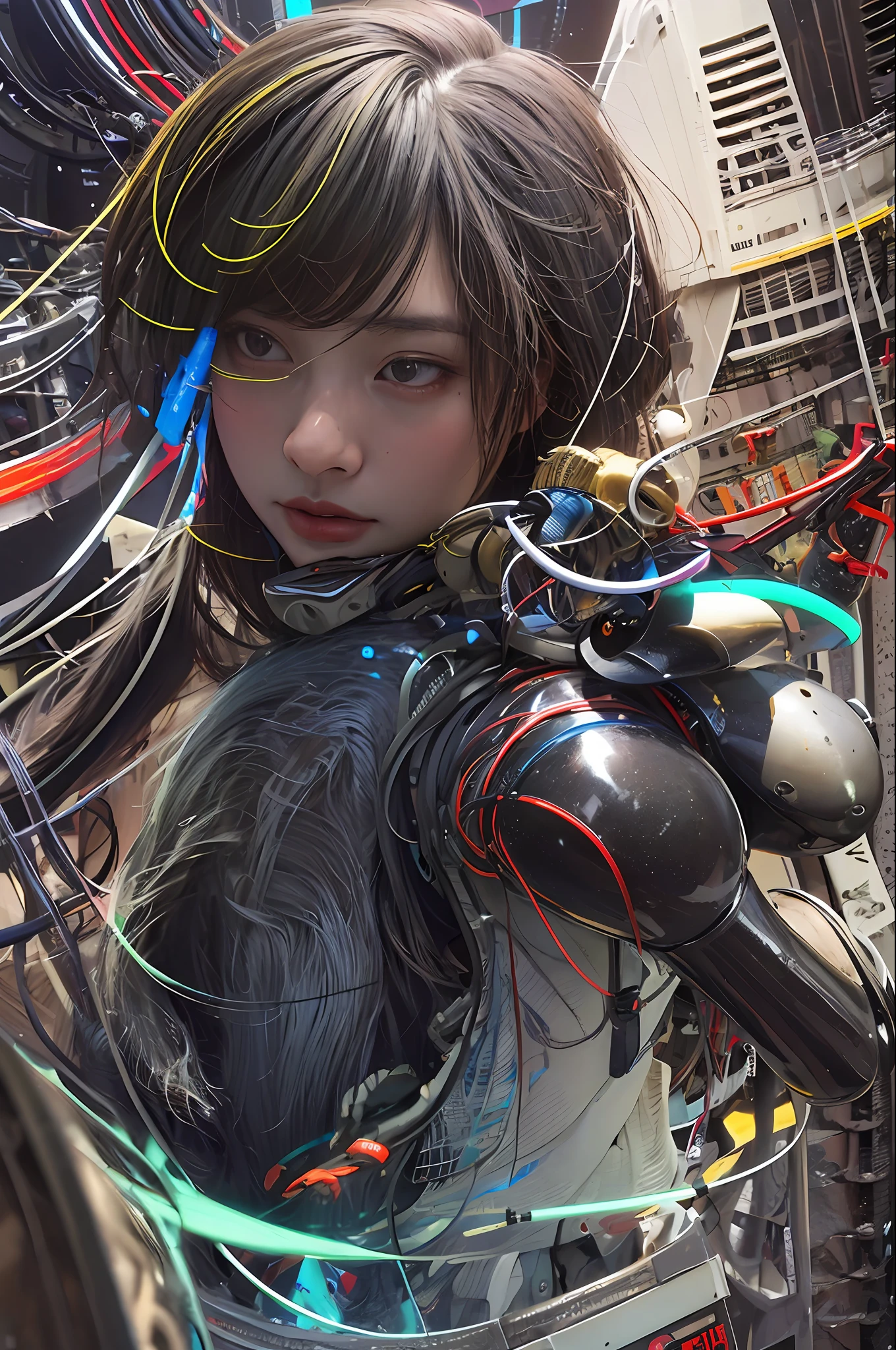 Top Quality, Masterpiece, Ultra High Resolution, (Photorealistic: 1.4), Raw Photo, 1 cyberpunk Girl, Black Hair, Glossy Skin, 1 Mechanical Girl, (Ultra Realistic Detail)), Full body, Global Illumination, Contrast, Shadows, Octane Rendering, 8K, Ultra Sharp, Cleavage Exposed, Raw Skin, Metal, Intricate Ornament Details, Japan Details, Very intricate details, realistic light, CGSoation trend, facing the camera, neon details, mechanical limbs, blood vessels connected to the tube, mechanical vertebrae attached to the back, mechanical cervical attachment to the neck, wires and cables connecting to the head, gundam, small LED lamps.