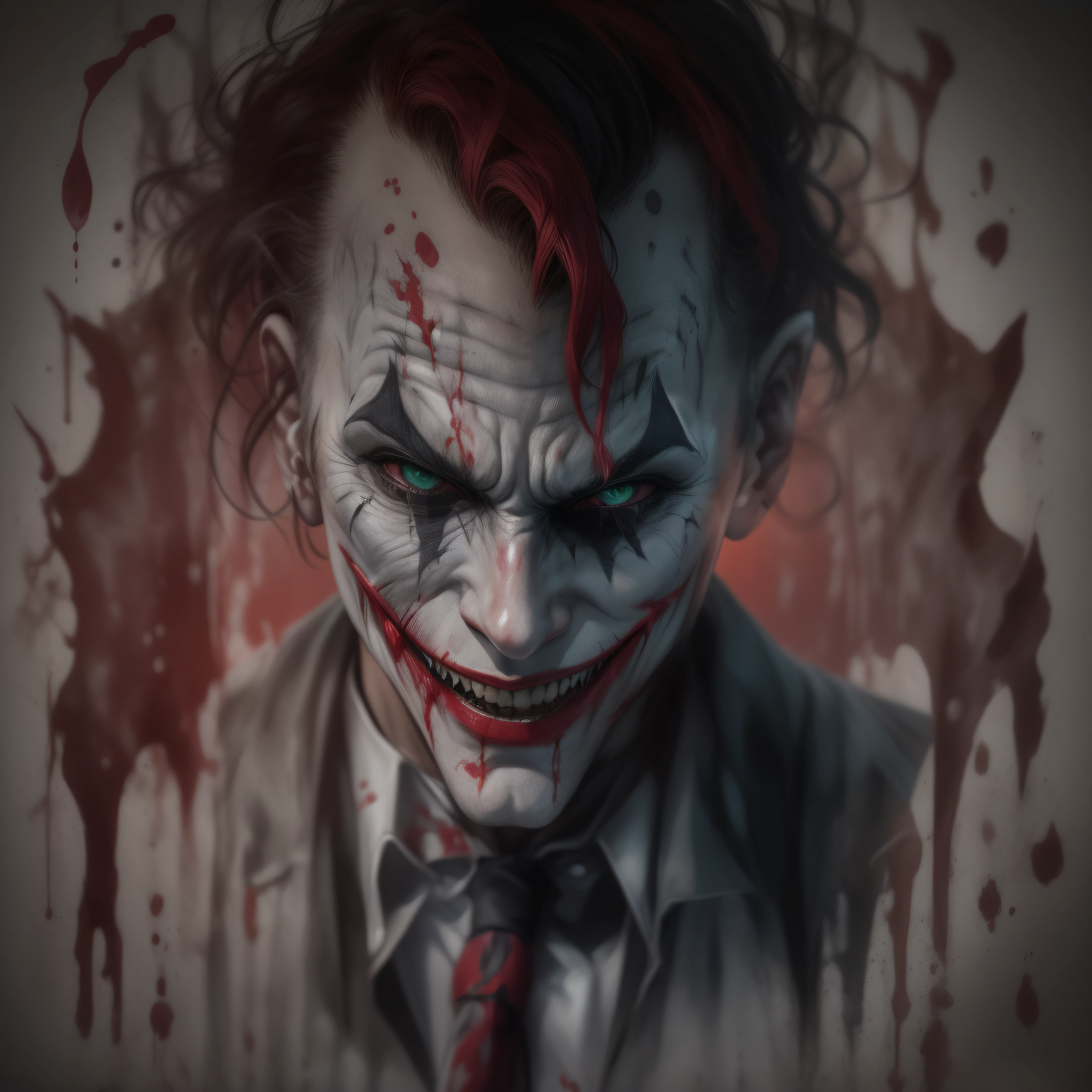 "Disfigured Joker mask, sorriso sinistro, blood tears, sombrio, qualidade excepcional, multiple scars on the face"