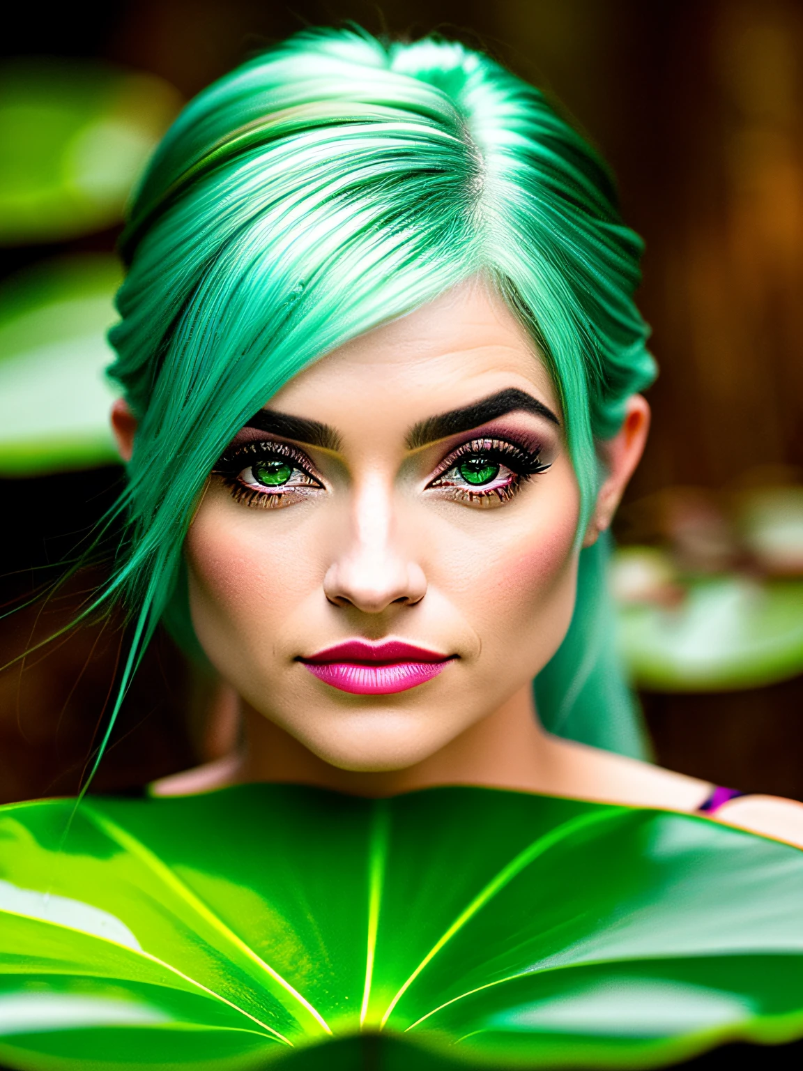 linda mulher duende emergindo de um lago, olhos detalhados e redondos, cabelo molhado, lindo rosto feminino, lotus flowers, lily pad, molhado, pingando, obra-prima, melhor qualidade, alto contraste, soft-lighting, retroiluminação, florescer, brilhos leves, chromatic aberration, suave , Nitide focus