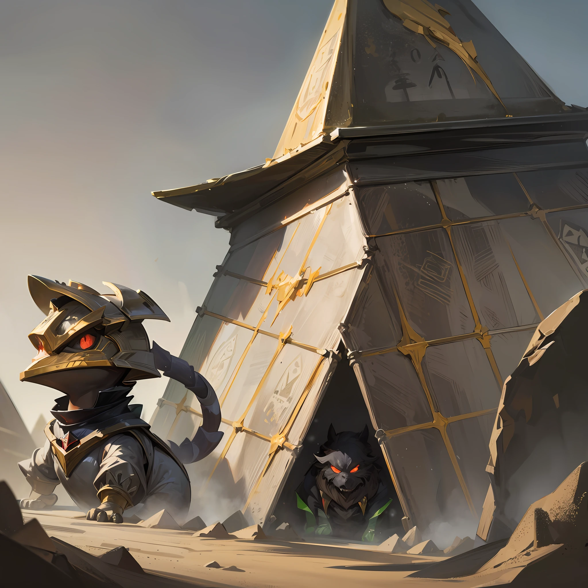 best qualtiy,tmasterpiece,Need,((A sealed desert pyramid creature)),guarding,supporting,Hearthstone painting style,Funny expressions,Living off the soil,Non-human(Soil attribute 1.2),Flattening(1.4),Textured,Dark simple background --auto --s2