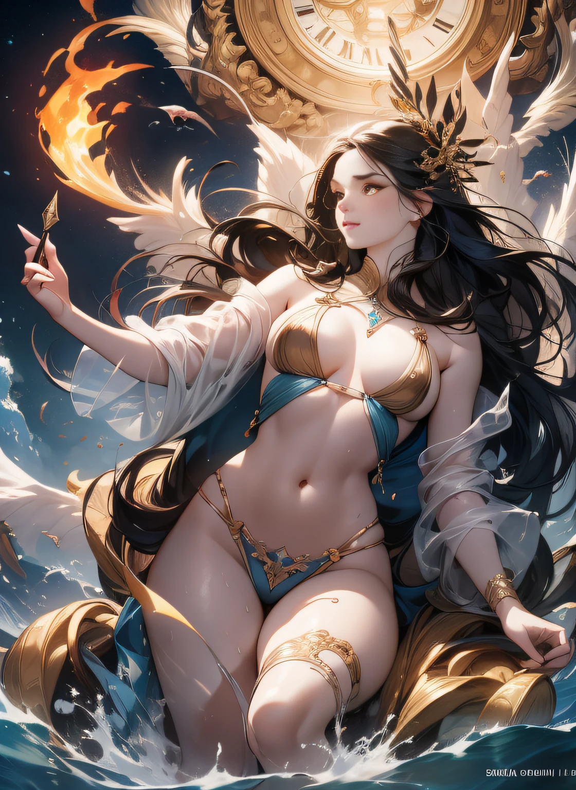 cloudy night sky storm, sunset red clouds storm cloudy, rough sea, psychedelic waves, skin and clothes wet with water, drops of water, floating bubbles, magical lights,face by tom bagshaw art station,, Moon Goddess, Full Length Figure, Contemptuous Gaze, Detailed Face, (Naked: 1.4), (See-Through Lingerie: 1.3), Gold Decoration, Black Plain Background, High Contrast, Masterpiece, Best Quality, Best Quality, Cinematic Lighting, Photorealistic,Goddess maiden, gorgeous, splashing, flame, flowing pen and ink,view of pubic hair,Goddess maiden, gorgeous, splashing, flame, flowing pen and ink,full female body, beautiful caucasian girl close-up, body in dynamic movement, oil, digital art, splash, full body,art by Sakimichan,oriental mandala tattoo, fractal background, silver and gold and bronze spirit, natural skin moistened with water, slight smile, view from below, perfect golden eyes, long curly black hair, floating antique clock, lamp ancient, splash,seductive pose, visible pubic hair, breasts visible,full body, black hair, Transparent clothing, slight smile,Jean-Baptiste Monge style, bright, beautiful , splash, Glittering , cute and adorable, filigree, , rim lighting, lights, extremely , magic, surreal, fantasy, digital art, , wlop, artgerm and james jean,floating antique clock, lamp ancient, splash,floating antique clock,face by tom bagshaw art station, view from below,