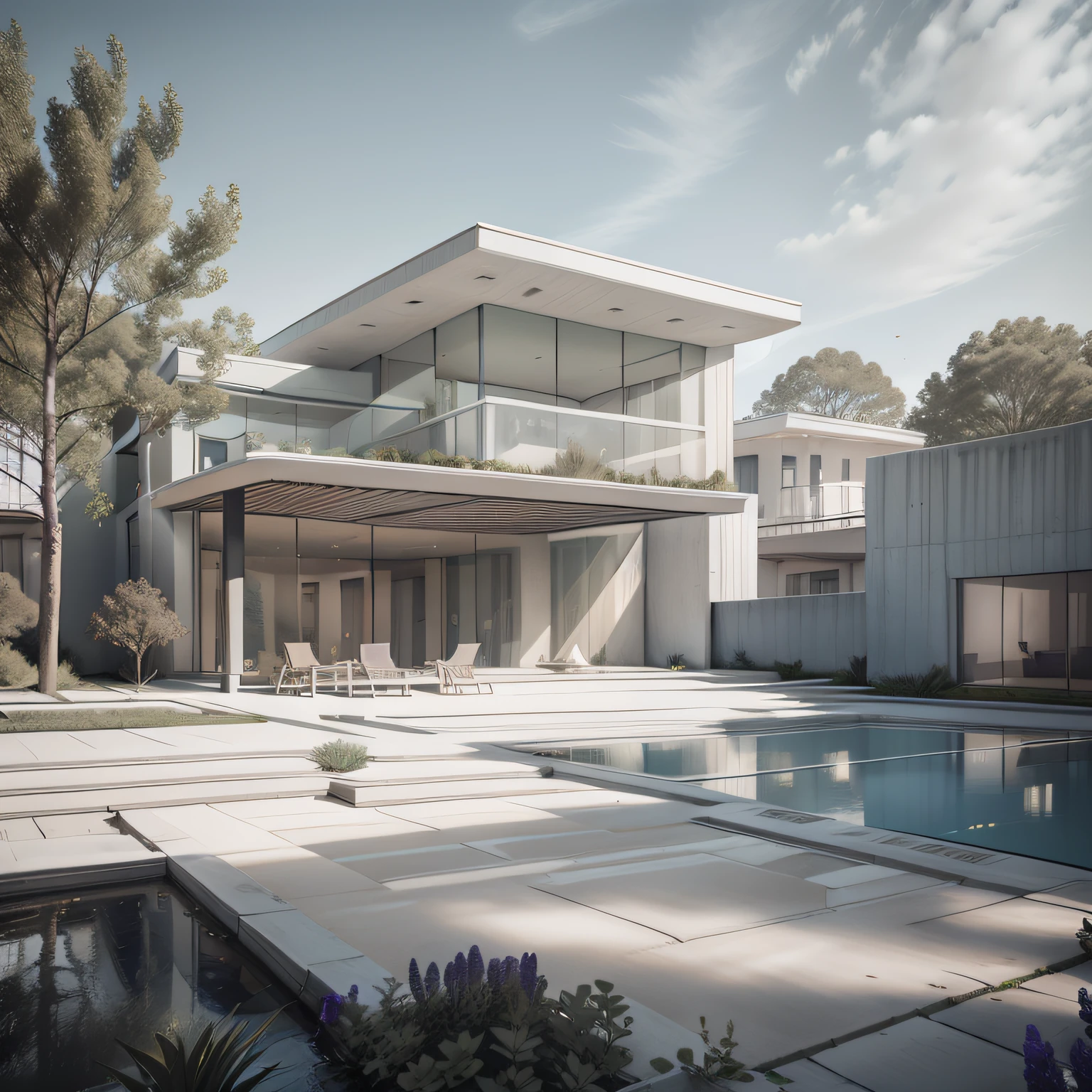 Organic modern architecture on a fairly large plot, from , there is a swimming pool in the middle of a large house of a flower, color of the house in chocolate brown and black beams, large modern residence, flat roofs and garden, render luxcore, render oktane, a photorealistic rendering, architectural rendering, mantra rendering, architectural rendering, realistic rendering, architectural visualization, wellness pool, Architectural visualization, large green zones, with small zones of lavender flowers, green shrubs type lush green garden, as well as small water mirrors, swimming pool embedded in an area of sand, olive and pine trees around the house, paddle court next to the house