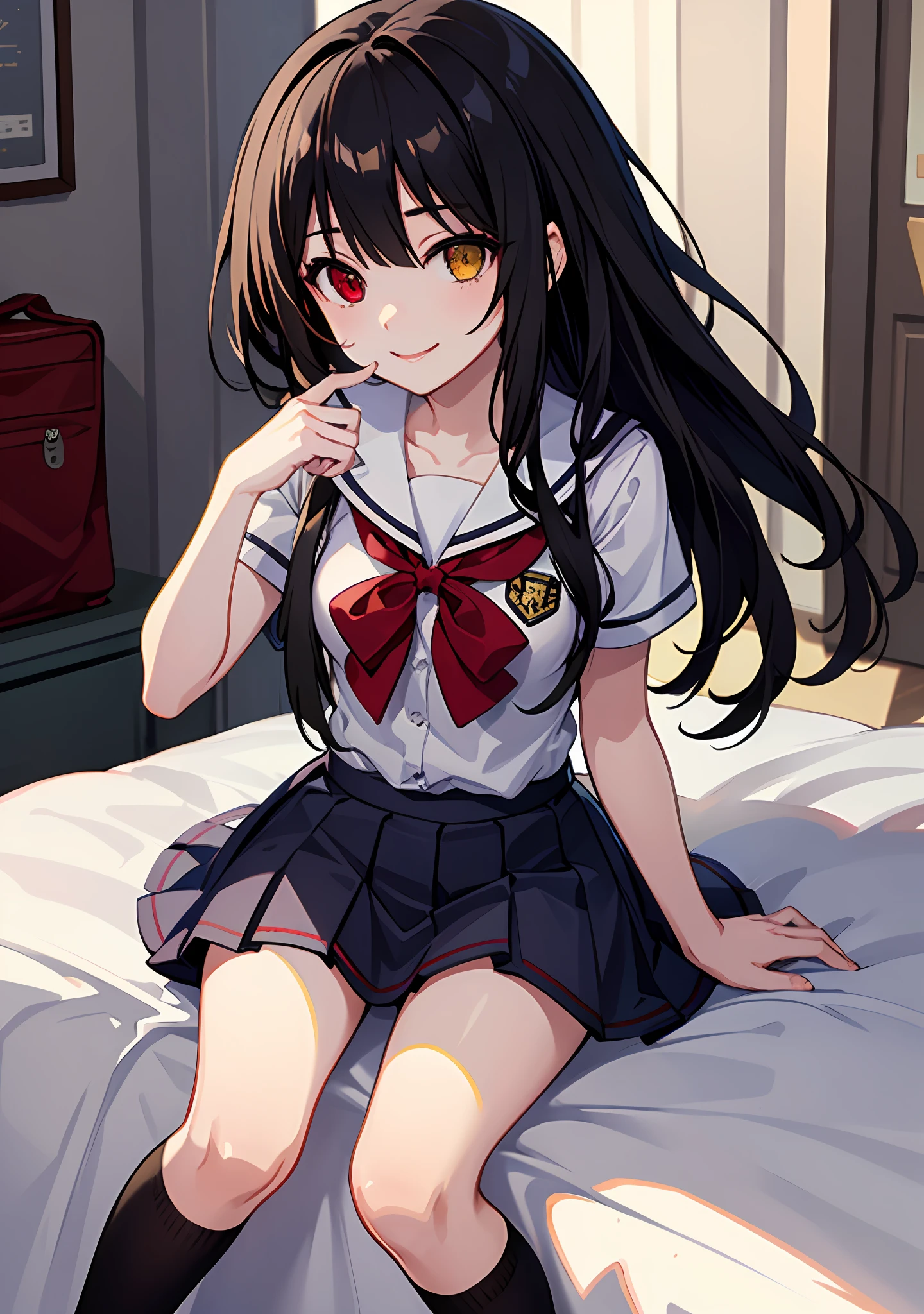 Masterpiece, high quality, 1girl, ((tokisaki kurumi)), monochrome, black hair, school uniform, mini skirt, ((right red eye:1, left yellow eye))), smile, kawaii, sitting, beautiful body, kawaii face, looking at viewer, super big oppai