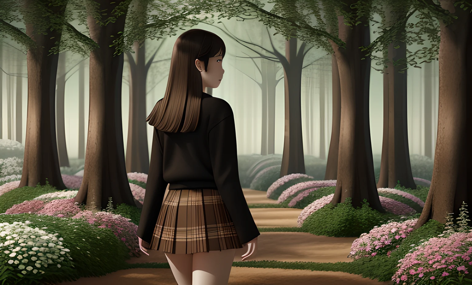 masutepiece, F1, (((however、Set in a dimly lit forest full of slightly grotesque and eerie flowers), About 16 years old, Render her beautiful skin in ultra high definition. The image should give off a fantastic and eerie atmosphere, With gnarled tree trunks and branches,, The Girl, Her attire must be environmentally appropriate)), detailed plaid miniskirt, a miniskirt, legs showing, Wearing a skirt,
