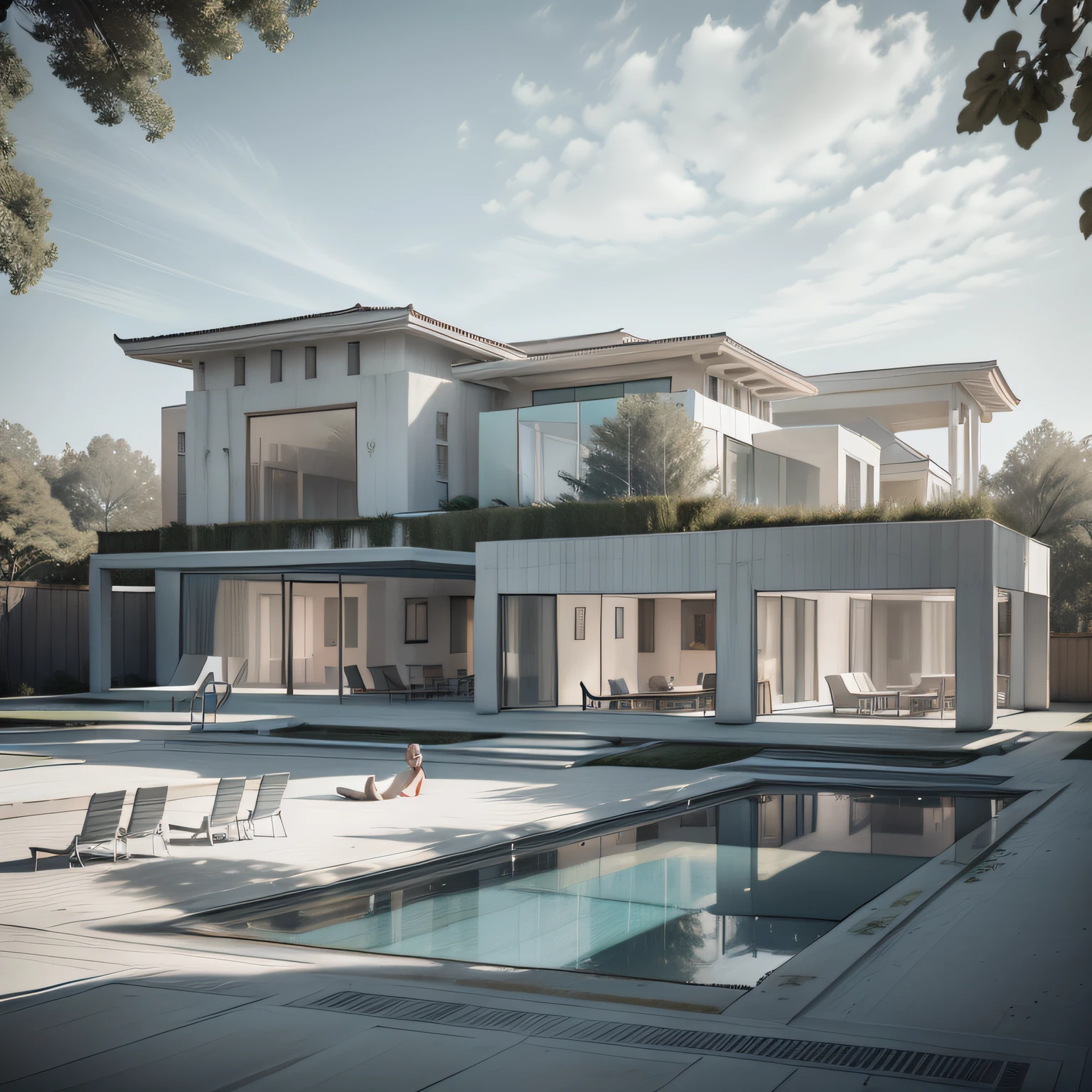 Organic modern architecture on a fairly large plot, from , there is a swimming pool in the middle of a large house of a flower, color of the house in chocolate brown and black beams, large modern residence, flat roofs and garden, render luxcore, render oktane, a photorealistic rendering, architectural rendering, mantra rendering, architectural rendering, realistic rendering, architectural visualization, wellness pool, Architectural visualization, large green zones, with small zones of lavender flowers, green shrubs type lush green garden, as well as small water mirrors, swimming pool embedded in an area of sand, olive and pine trees around the house, paddle court next to the house