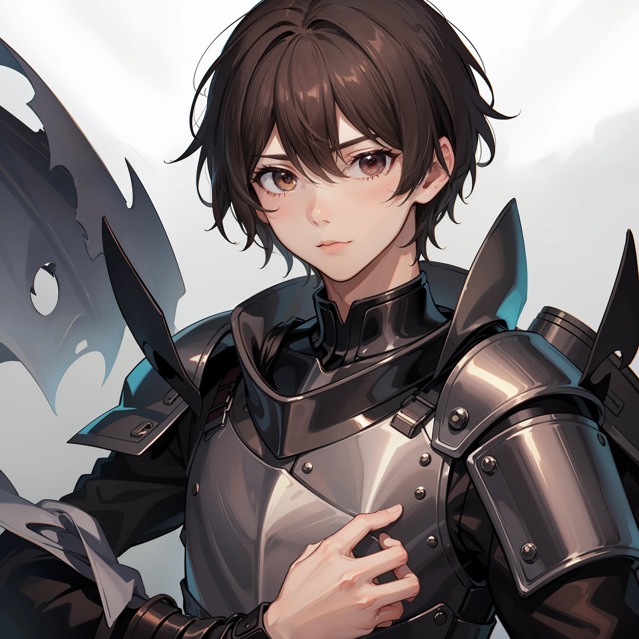1boys，Brown to dark brown gradient hair，short detailed hair，with brown eye，armour