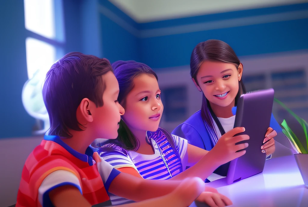 Three children sitting at a desk looking at a tablet computer, Divirta-se, childrens, childrens, integrating with technology, cabrito, divertindo-se, um super-inteligente, Aprimorado digitalmente, Divirta-se, garotada, educativo, profissionalmente, foto - shot, using a magical tablet, Classe escolar, Nerds, online, foto de retrato, cativante --auto