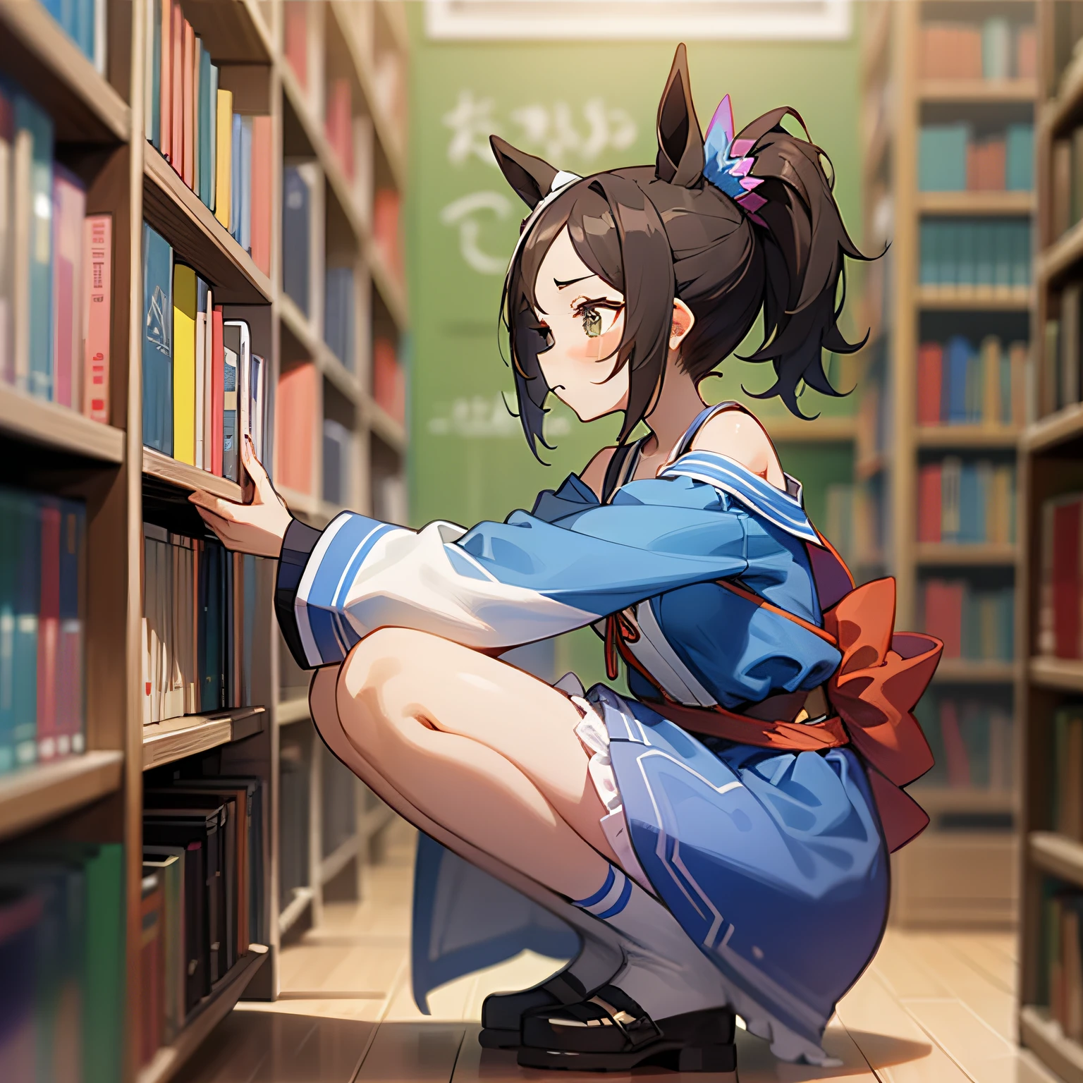 Best Quality,ultra-detailliert,
(girl ,10 years old, Lori, Small_breasts),
Black hair,Side Ponytail,Brown eyes,Baby face,
sleeve less,Wearing the right blue dress with shoulder straps,
Random cotton panties,
Squatting,Kneel behind a bookshelf,
(Looking for something:1.2),
,bookstore,
BREAK,
(Looking away:1.4),
Dynamic Angle,POV,
Ground level ,from the front side,
looking at book、Sweep Tosho \(Umamusume\)