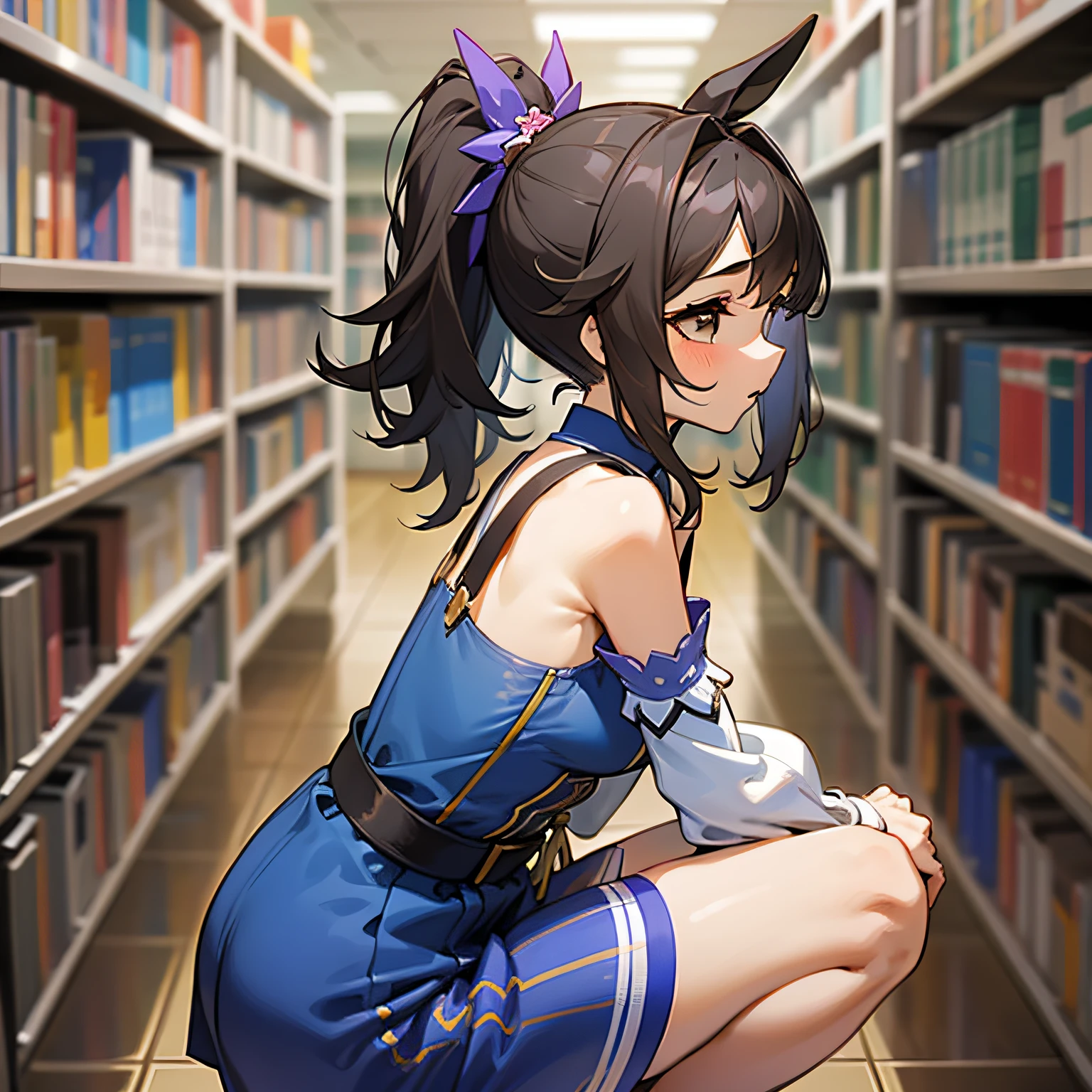 Best Quality,ultra-detailliert,
(girl ,10 years old, Lori, Small_breasts),
Black hair,Side Ponytail,Brown eyes,Baby face,
sleeve less,Wearing the right blue dress with shoulder straps,
Random cotton panties,

Squatting,Kneel behind a bookshelf,
(Looking for something:1.2),
,bookstore,

BREAK,
(Looking away:1.4),
Dynamic Angle,POV,

Ground level ,from the front side,

looking at book、Sweep Tosho \(Umamusume\)