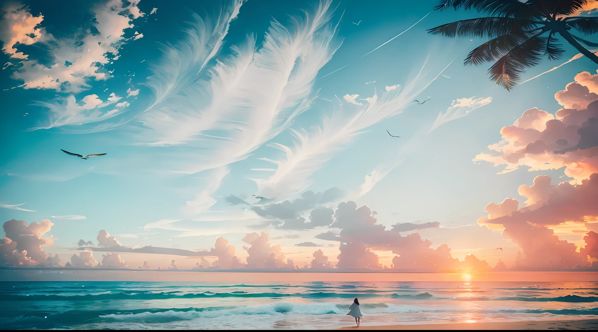 person looking at An absolutely mesmerizing sunset over the beach, com uma mistura de laranjas, Roses and yellows filling the sky. The crystal clear waters of the sea gently kiss the coast, com uma praia de areia branca que se estende por toda parte. The scene is dynamic and breathtaking, with seagulls flying high in the sky and palm trees swaying gently. Soak up the soothing atmosphere and let the tranquility take over you.