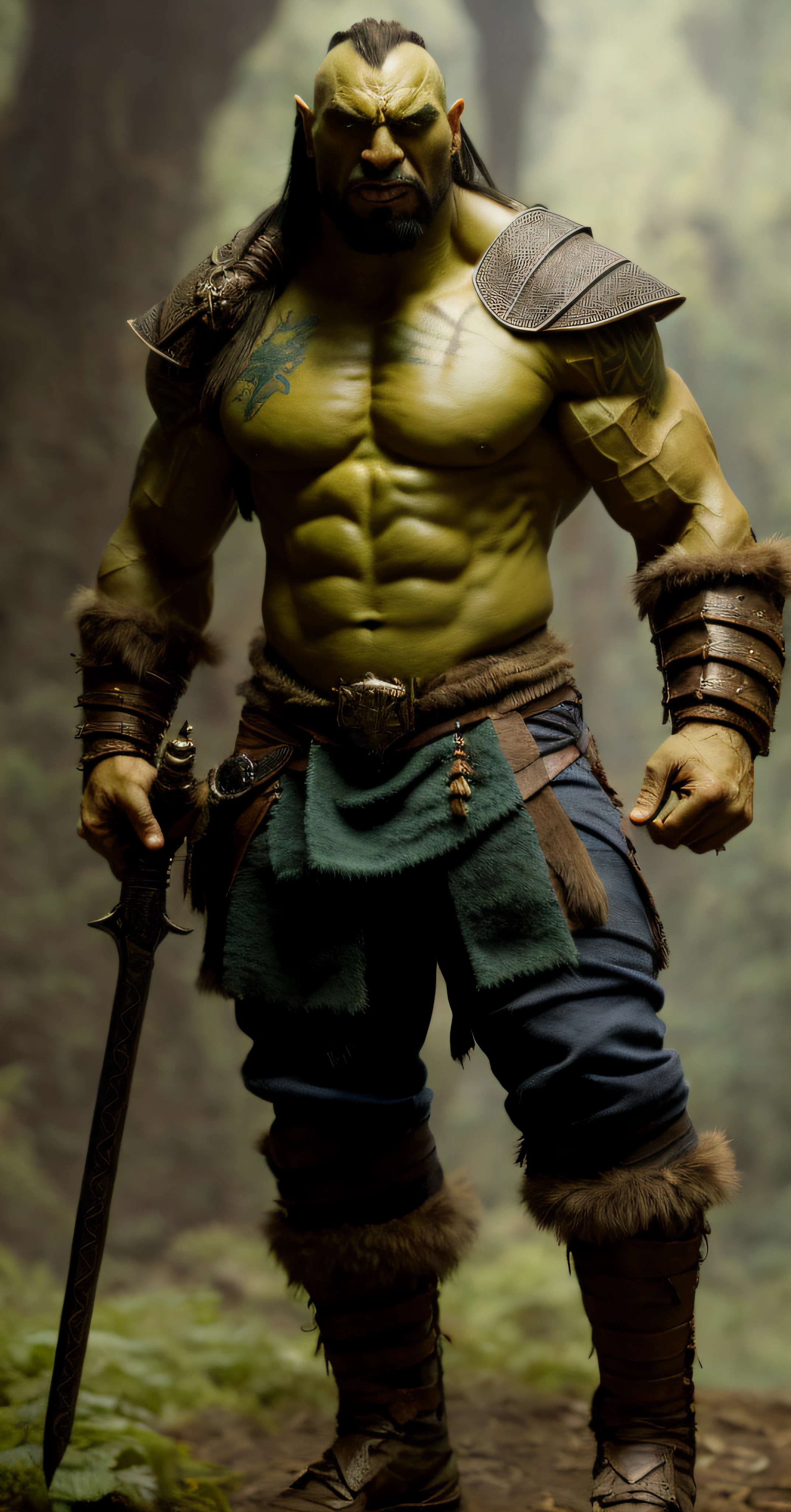 frame-centered photo of a simmetric sword-wielding green and muscular bodybuilder orc with his body filled with chinese tattoos on his skin and with a bald long mohican hair, simmetryc sword of conan the barbarian, hyper-realistic 8k imax, (full-tattooed chest with a dragon) amazonic forest, Drax, Dave Bautista, From Marvel Studios, hyper-realistic CG, visibly angry, 8K texures, 8K hyperrealistic image, African ethnics, stockphotos, Hulk, Blizzard, director: Rafael Grassetti