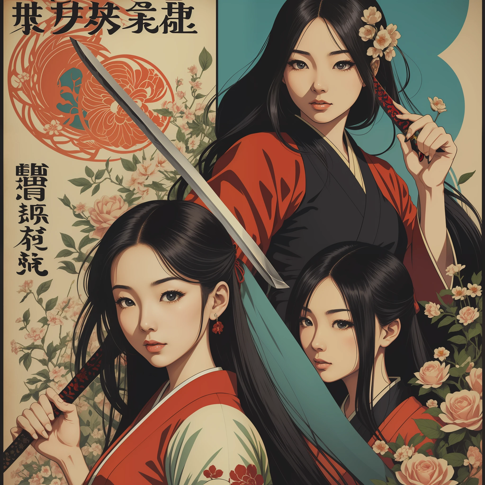 Retro Japanese poster (Woman with Japanese features) (cores neutras) (quimono) (espada) (flores de cerejeira) ( maquiagem forte) (retro) (poster) (olhar marcante) (ninja) (katanas sujas de sangue)