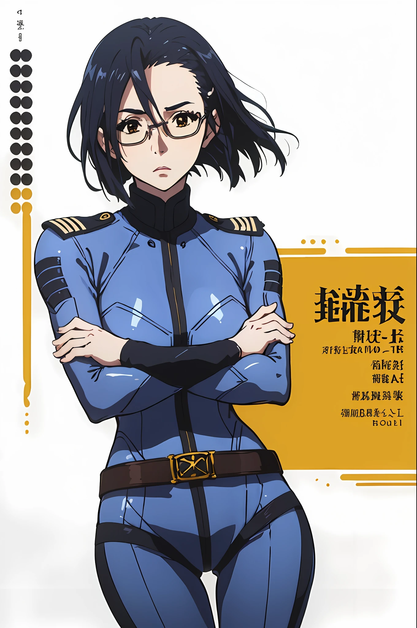 (master part, best quality:1.2), cowboy shot, sozinho, 1girl, Niimi Kaoru, no expression, Olhando para o Viewer, folded arms, grampo de cabelo, glasses, Bodysuit, uniforme, belt