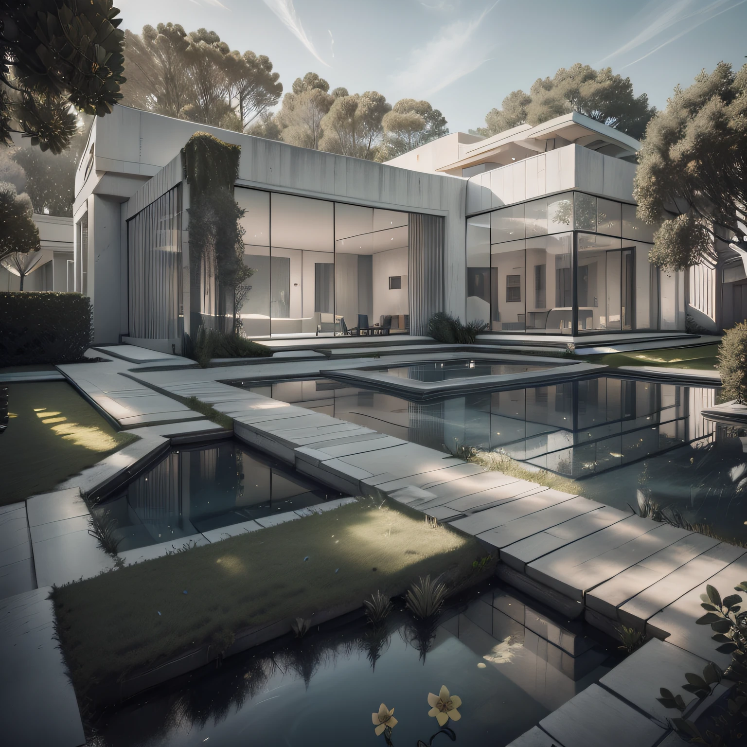 Organic modern architecture on a fairly large plot, from , there is a swimming pool in the middle of a large house of a flower, color of the house in chocolate brown and black beams, large modern residence, flat roofs and garden, render luxcore, render oktane, a photorealistic rendering, architectural rendering, mantra rendering, architectural rendering, realistic rendering, architectural visualization, wellness pool,  Architectural visualization, large green zones, with small zones of lavender flowers, green shrubs type lush green garden, as well as small water mirrors, swimming pool embedded in an area of sand, olive and pine trees around the house, paddle court next to the house