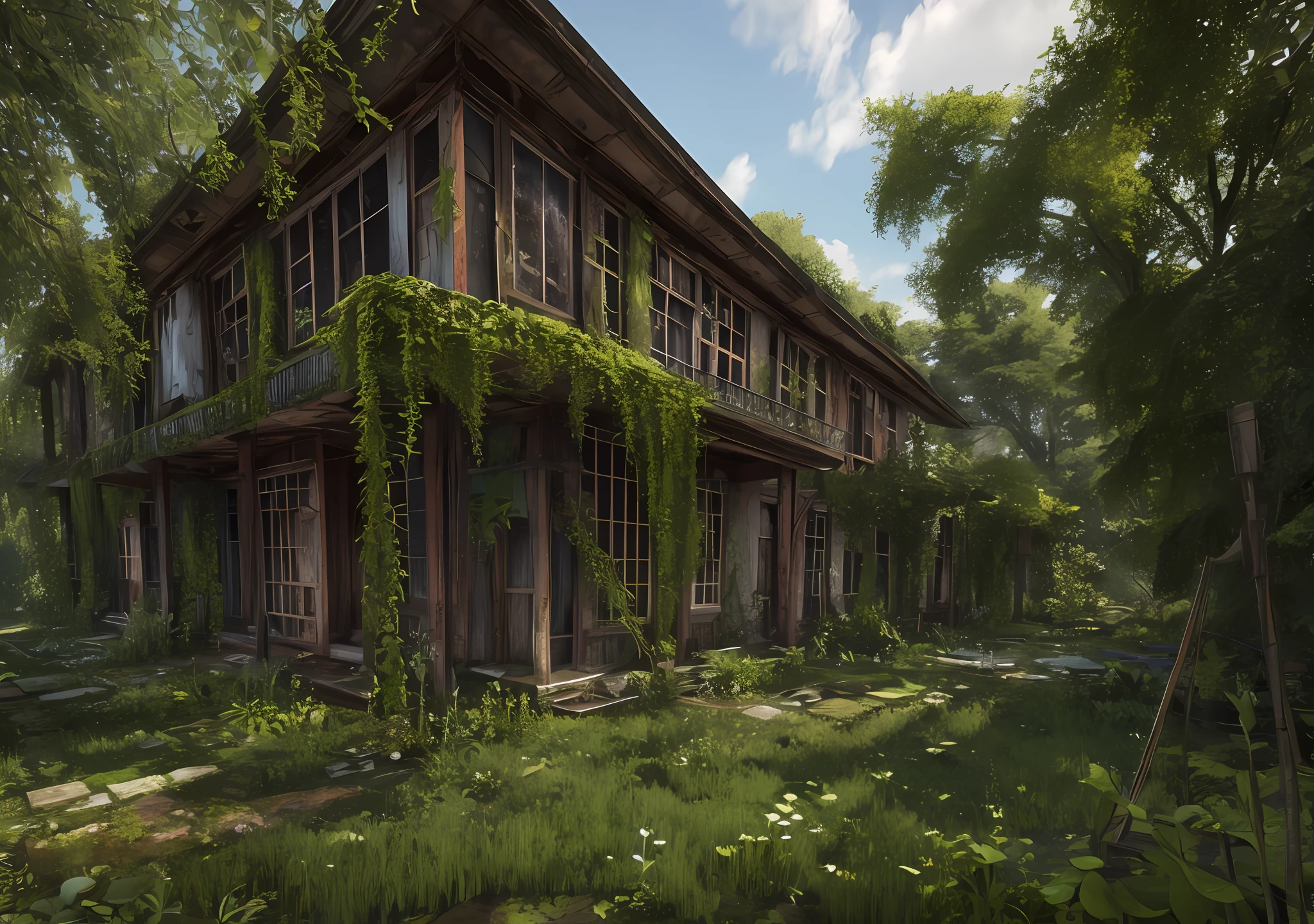 abandoned house full of plants, vines, moss, green, post apocalypse, realistic, render, lumion, v-ray, ultra realistic --auto --s2