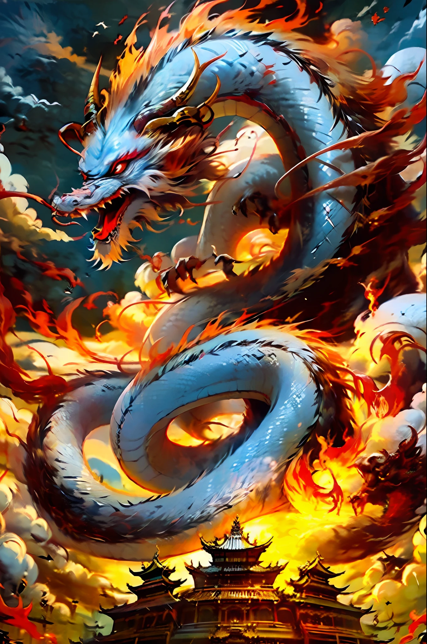 Best quality,masterpiece,ultra high res,nu no humans, (long:1.2),no humans, cloud, architecture, east asian architecture, red eyes, horns, open mouth, sky, fangs, eastern dragon, cloudy sky, teeth, flying, fire, bird, wings