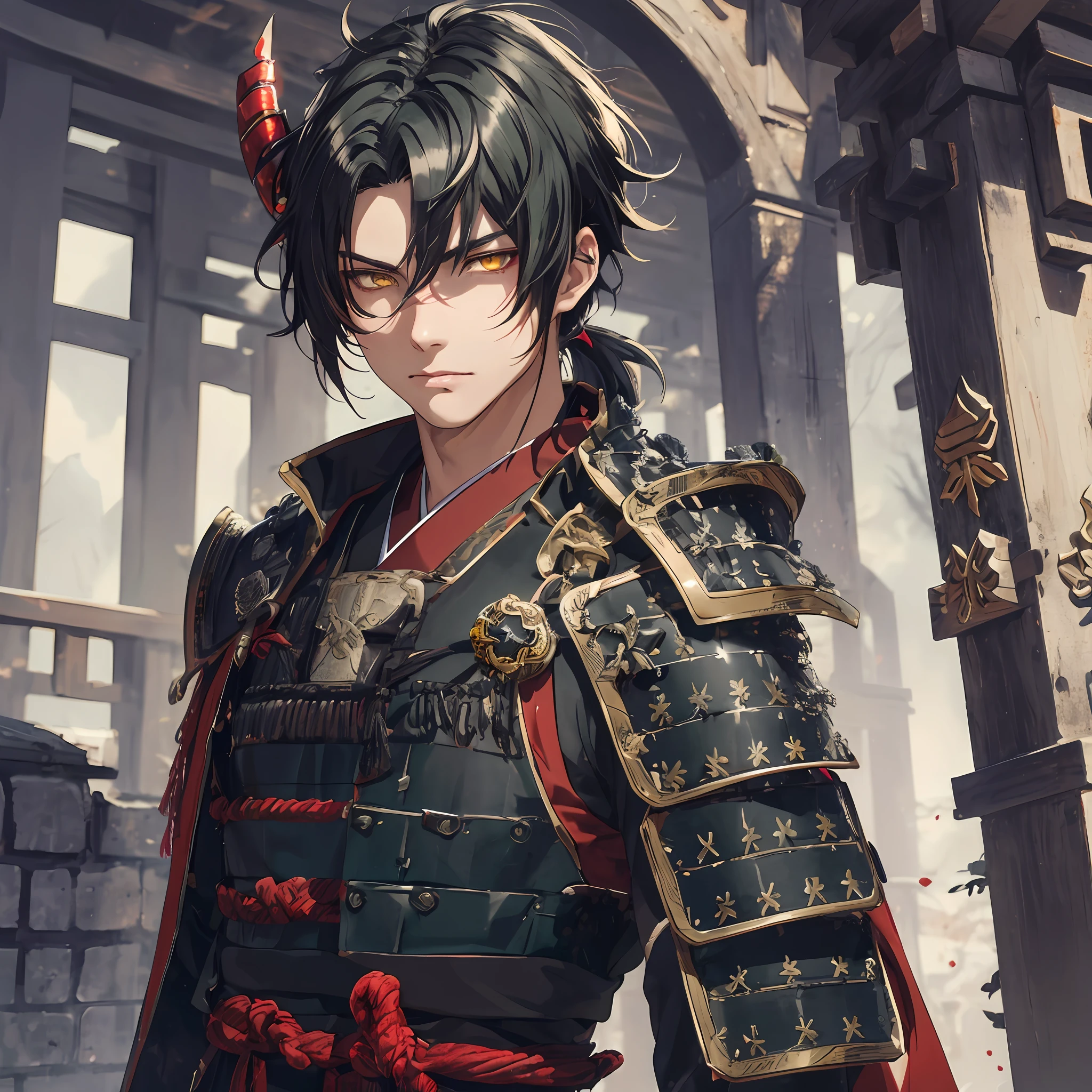 masterpiece, best quality, 1man, adult, male focus, solo, ponytail hair, dark black green hair, vibrant yellow eyes, looking at viewer, High quality metal texture, closed mouth, Fantasy aesthetics, Highly detailed, shadowverse style, black samurai armor, black armored gloves, black metallic gloves, black armored samurai, samurai, japanese attire