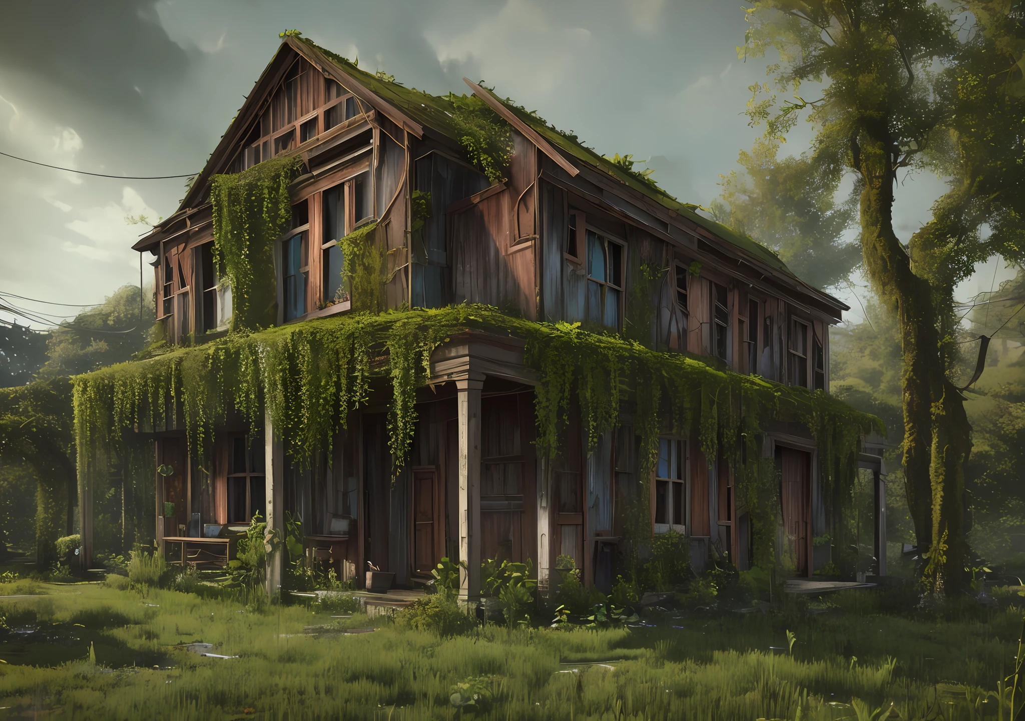 abandoned house full of plants, vines, moss, green, post apocalypse, realistic, render, lumion, v-ray, ultra realistic --auto --s2