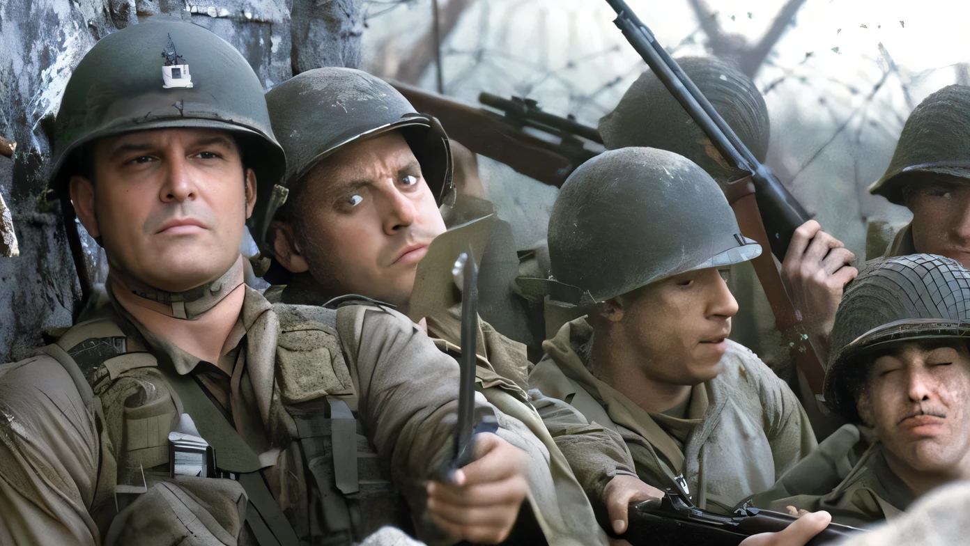 soldados em uma fila com fuzis e capacetes em, Salvando o soldado Ryan, War Film Dinner, Band of Brothers, Soldados, several soldiers, cena do Filme close up, jaqueta de metal completa, Filmed from the cinematographs, Soldados dos EUA, 1/30, of a cinematic scene., Cor ainda, # Film, ww 2, ww 2, editing, dougherty patrick, cena complexa