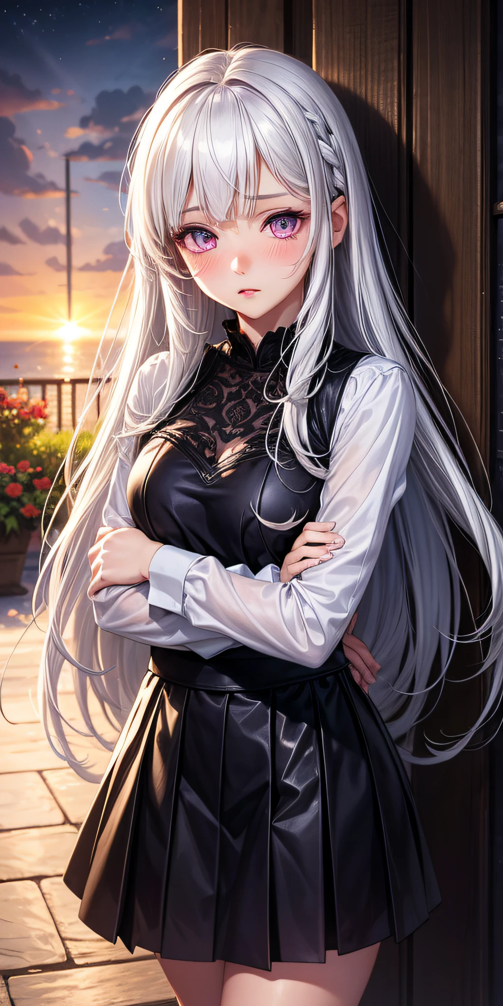 realistic, 1girl, white hair, purple eyes, glowing eyes, top, skirt, parted lips, blush, night, flowers, sun, sunlight, cute, kawaii, digital art, finely detailed eyes, embarrassed expression, long_hair, blushing, (highly detailed 8k wallpaper), best resolution, very_long_hair,
