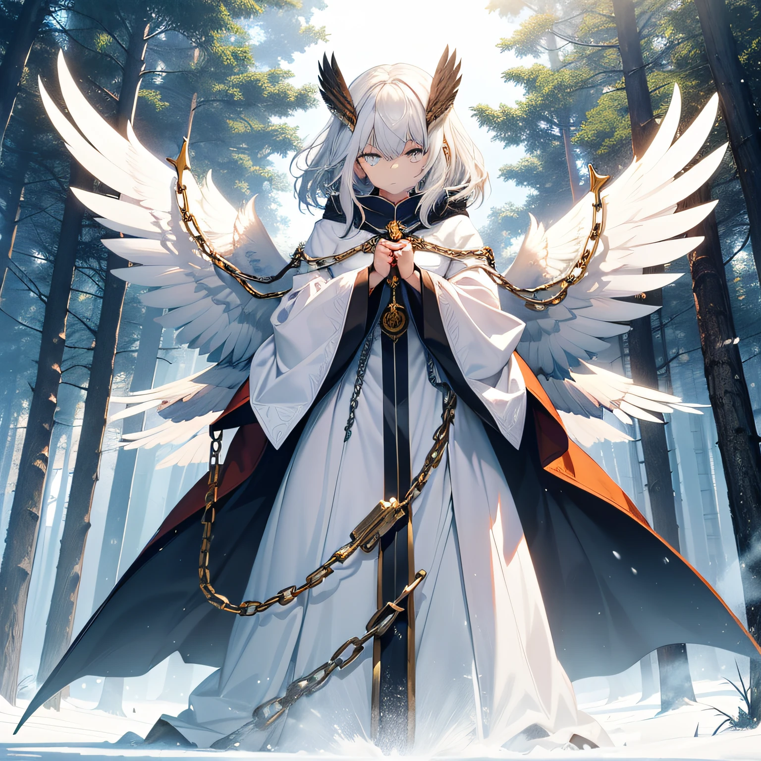 (a girl with owl-like features:white hair, amber eyes, large white wings, chains, and sharp katar on her fists, clergy robes, in an action pose) in a winter forest background, with a fantasy style.