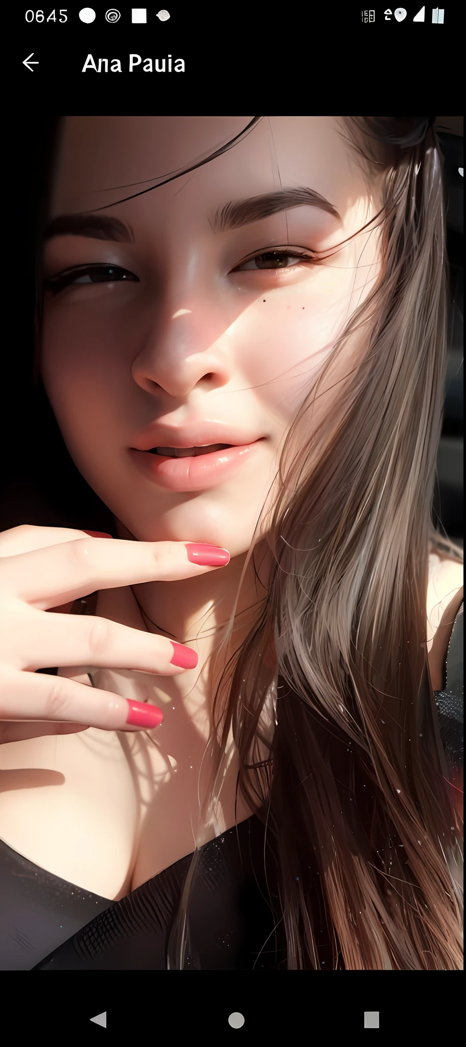 um close up de uma mulher com cabelos longos e uma manicure rosa, 18 anos, hand on her chin, hand on cheek, close up tiro de meio corpo, 2 3 anos, ligeiramente vermelho, cerca de 20 yo, 1 8 I, 2 2 anos, ligeiramente colorido, 1 6 anos, Kaitlyn Michelle Siragusa, foto de perfil