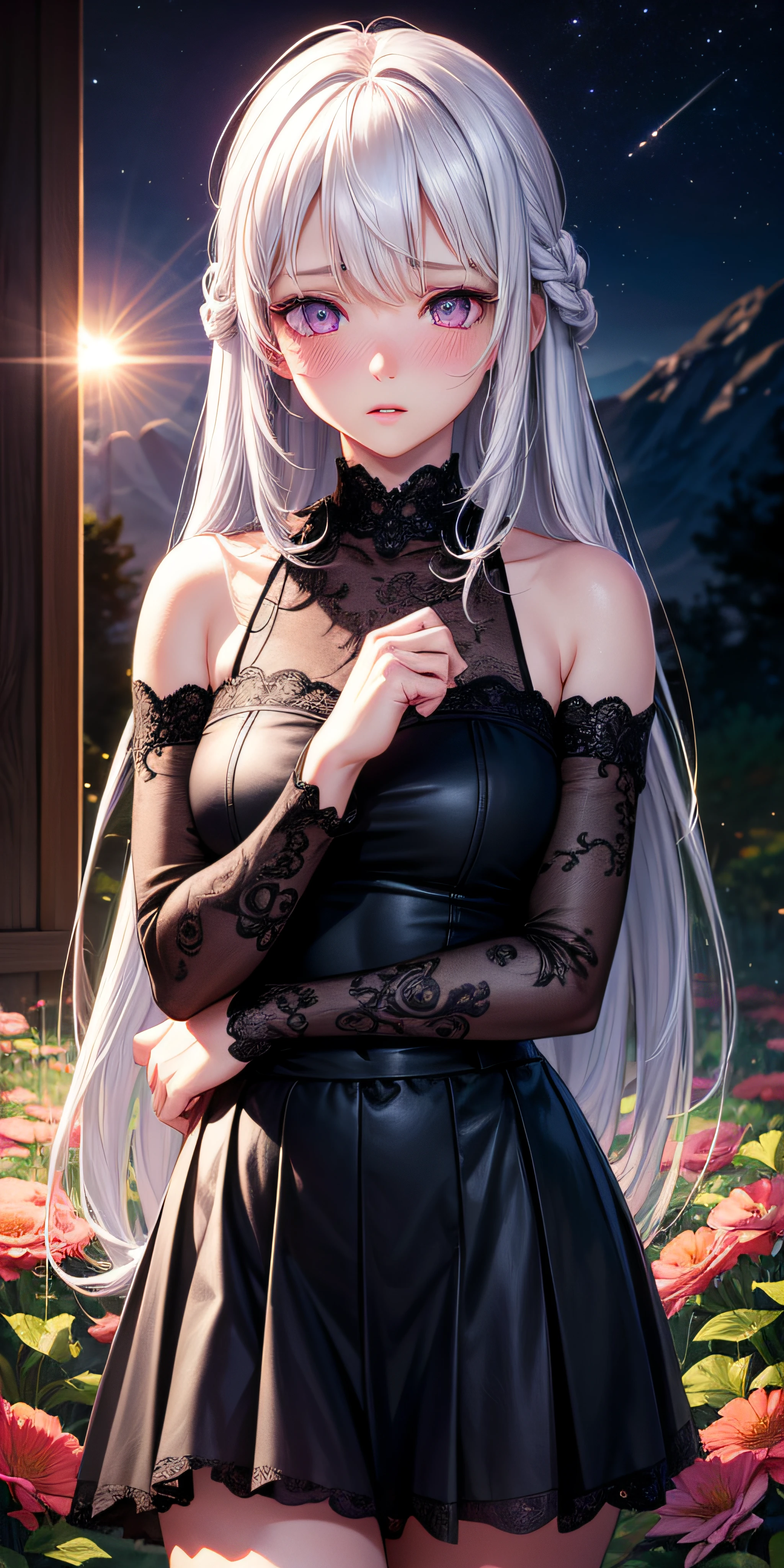 realistic, 1girl, white hair, purple eyes, glowing eyes, top, skirt, parted lips, blush, night, flowers, sun, sunlight, cute, kawaii, digital art, finely detailed eyes, embarrassed expression, long_hair, blushing, (highly detailed 8k wallpaper), best resolution, very_long_hair,